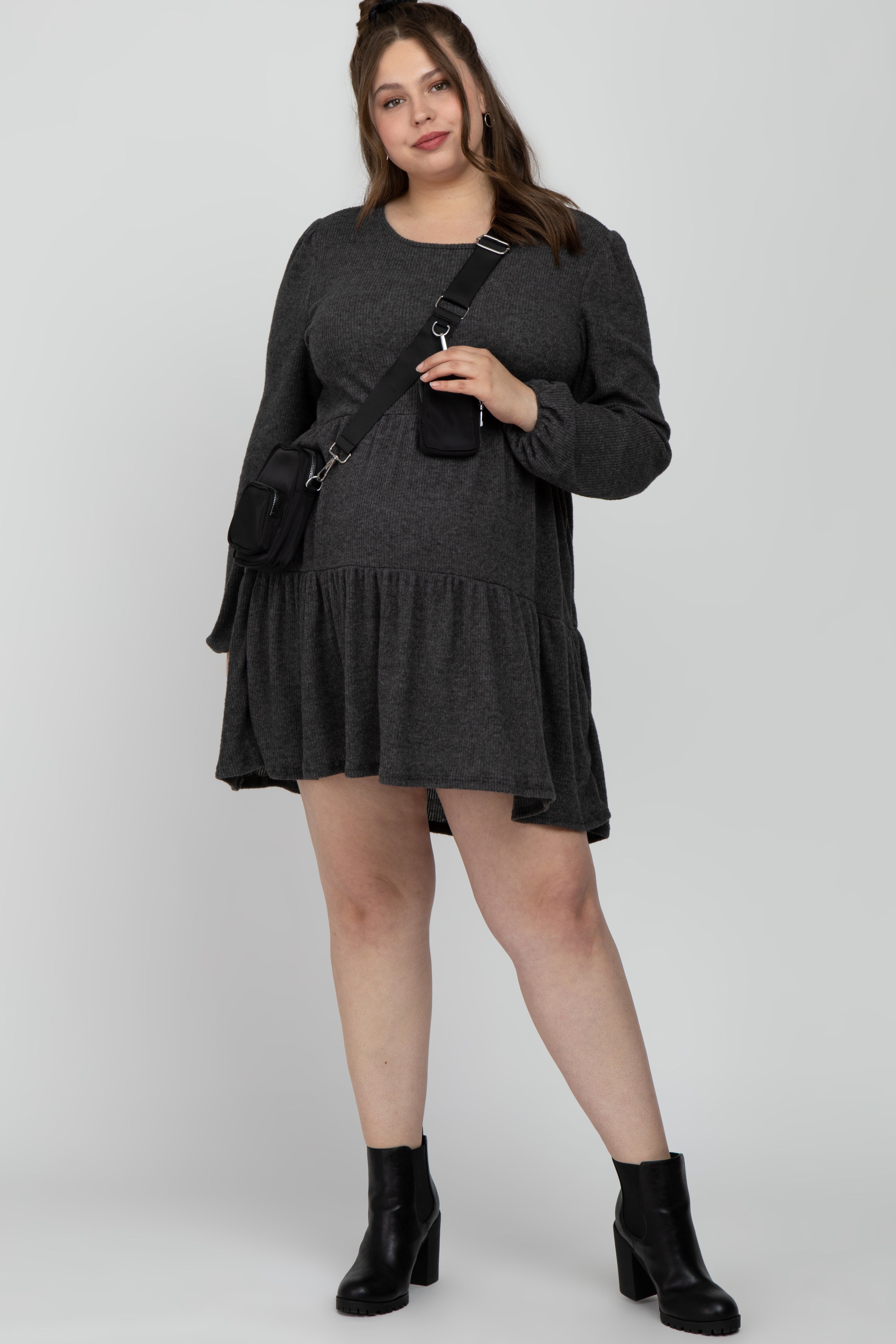 Charcoal Brushed Knit Tiered Maternity Plus Dress sold by Pinkblush product image thumbnail 2