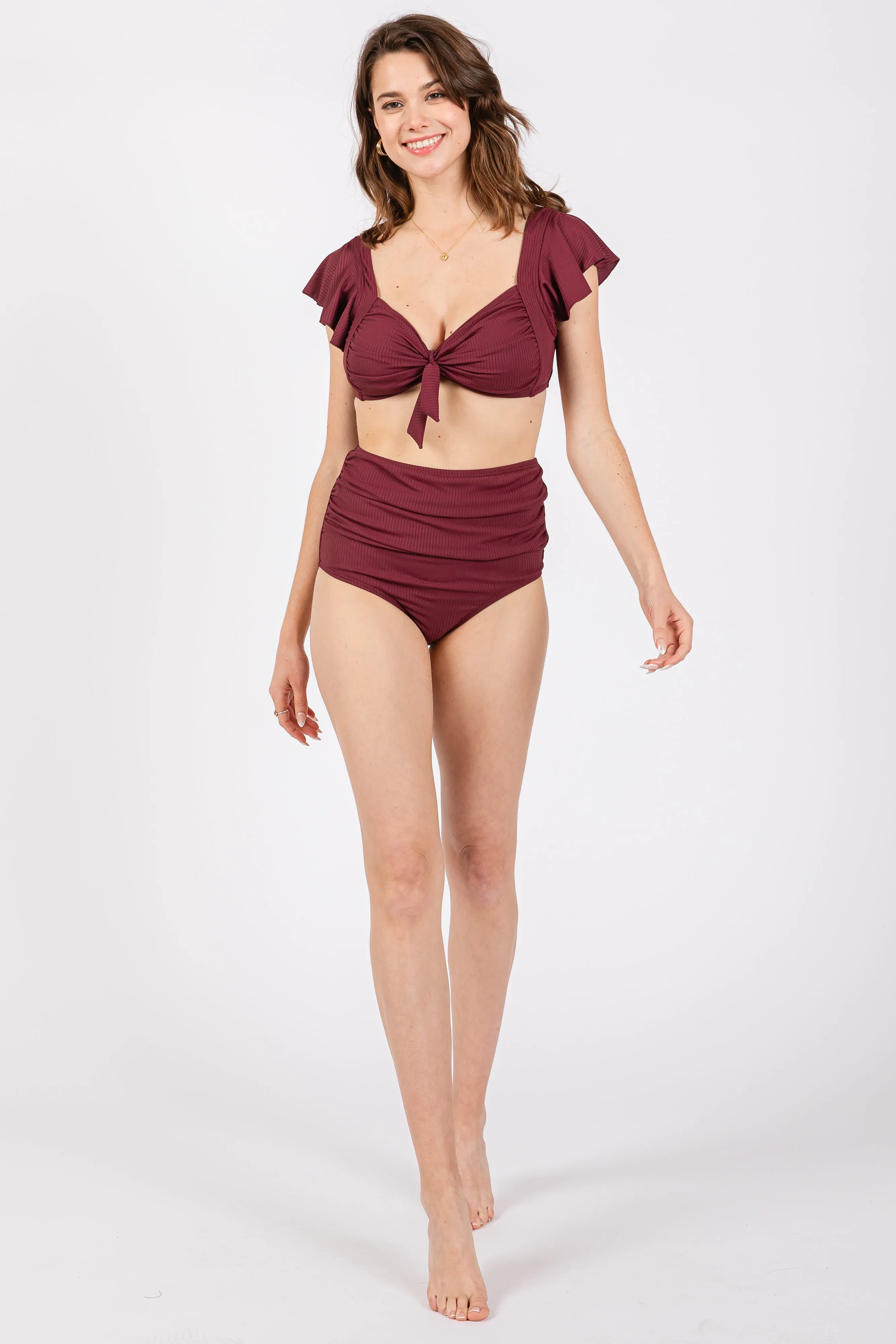 Burgundy Ribbed Ruffle Shoulder Front Tie High Waist Two-Piece Swimsuit sold by Pinkblush product image thumbnail 4