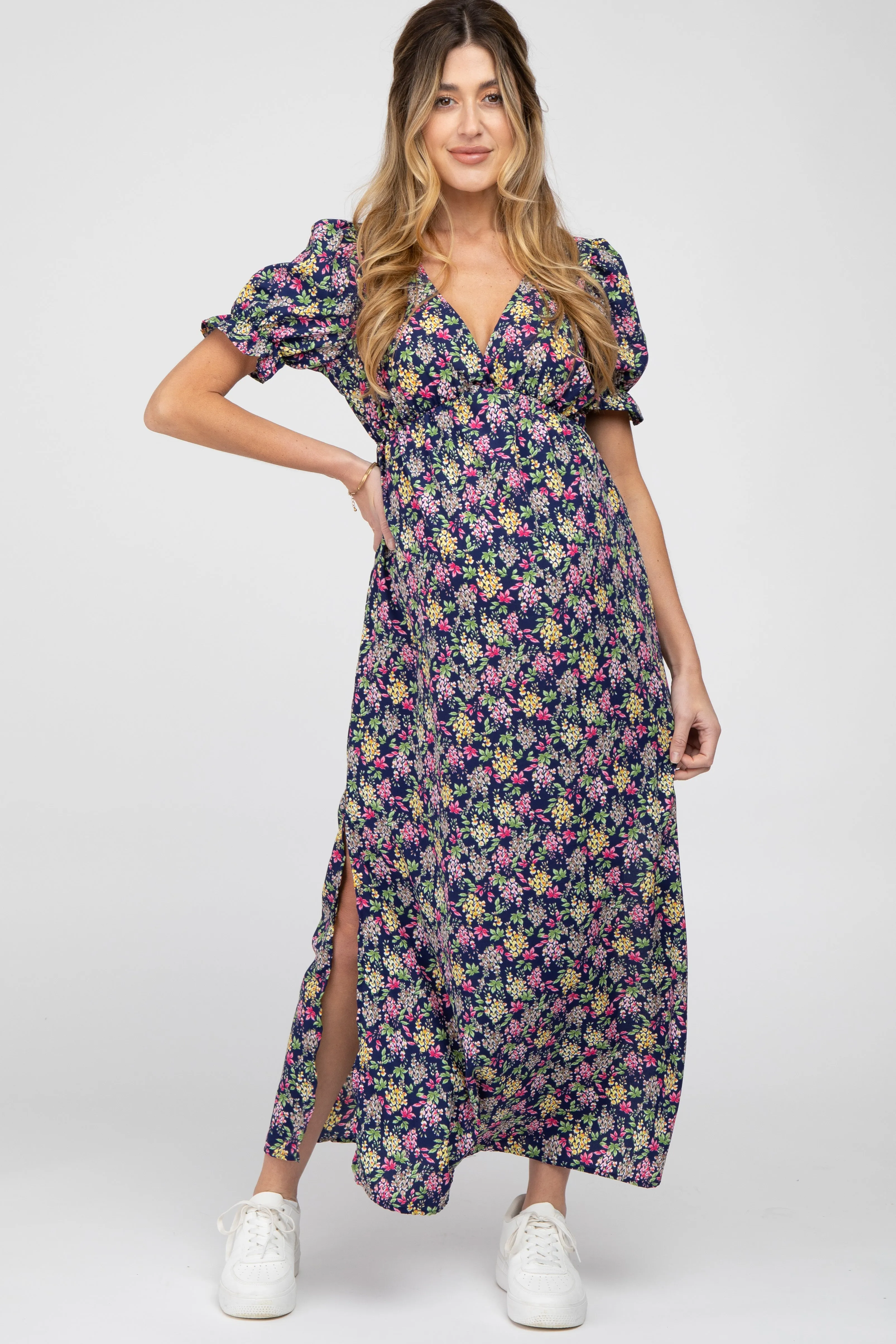 Navy Blue Floral Side Slit Maternity Maxi Dress sold by Pinkblush product image thumbnail 2
