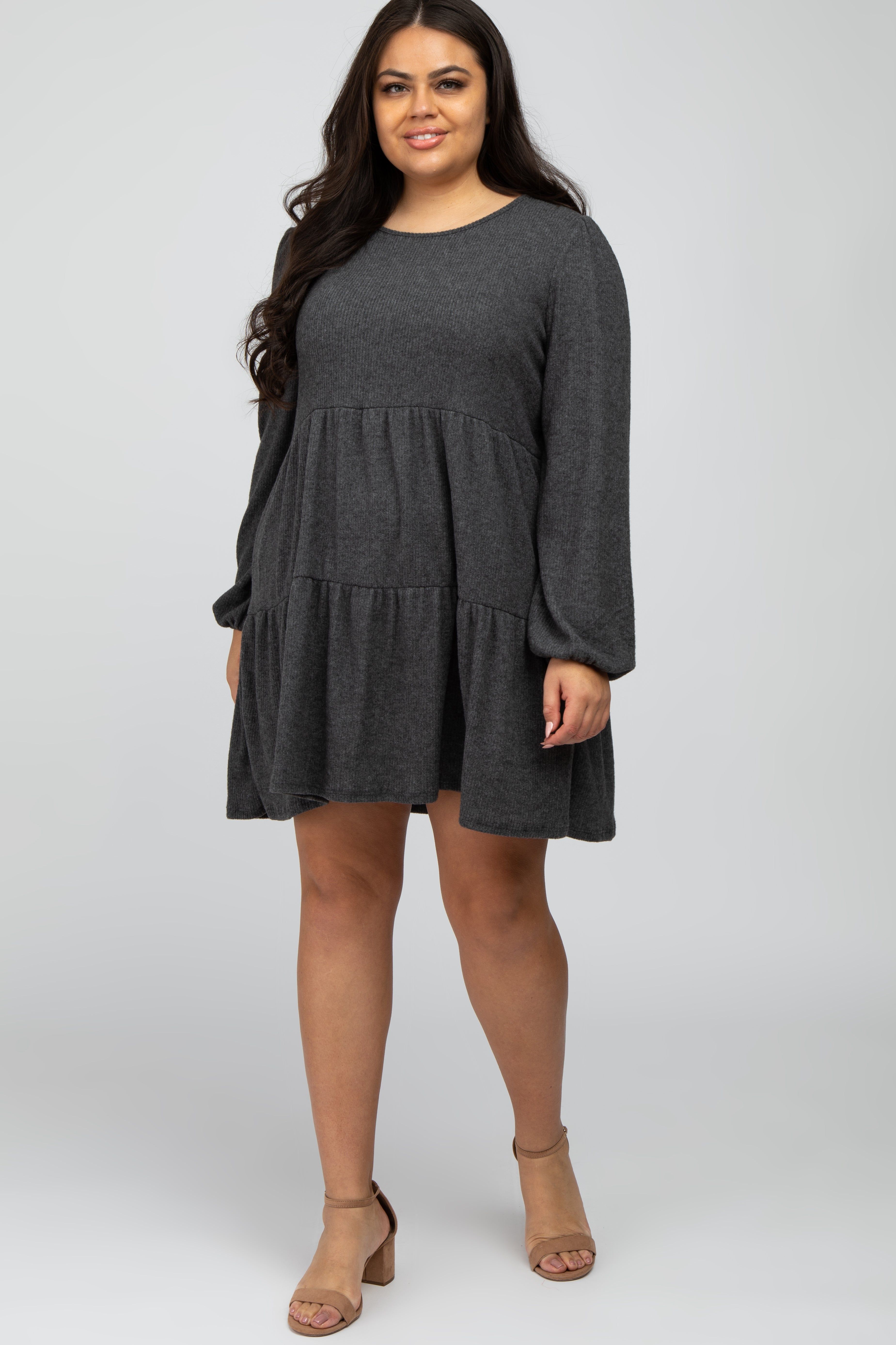 Charcoal Brushed Knit Tiered Maternity Plus Dress sold by Pinkblush product image thumbnail 6