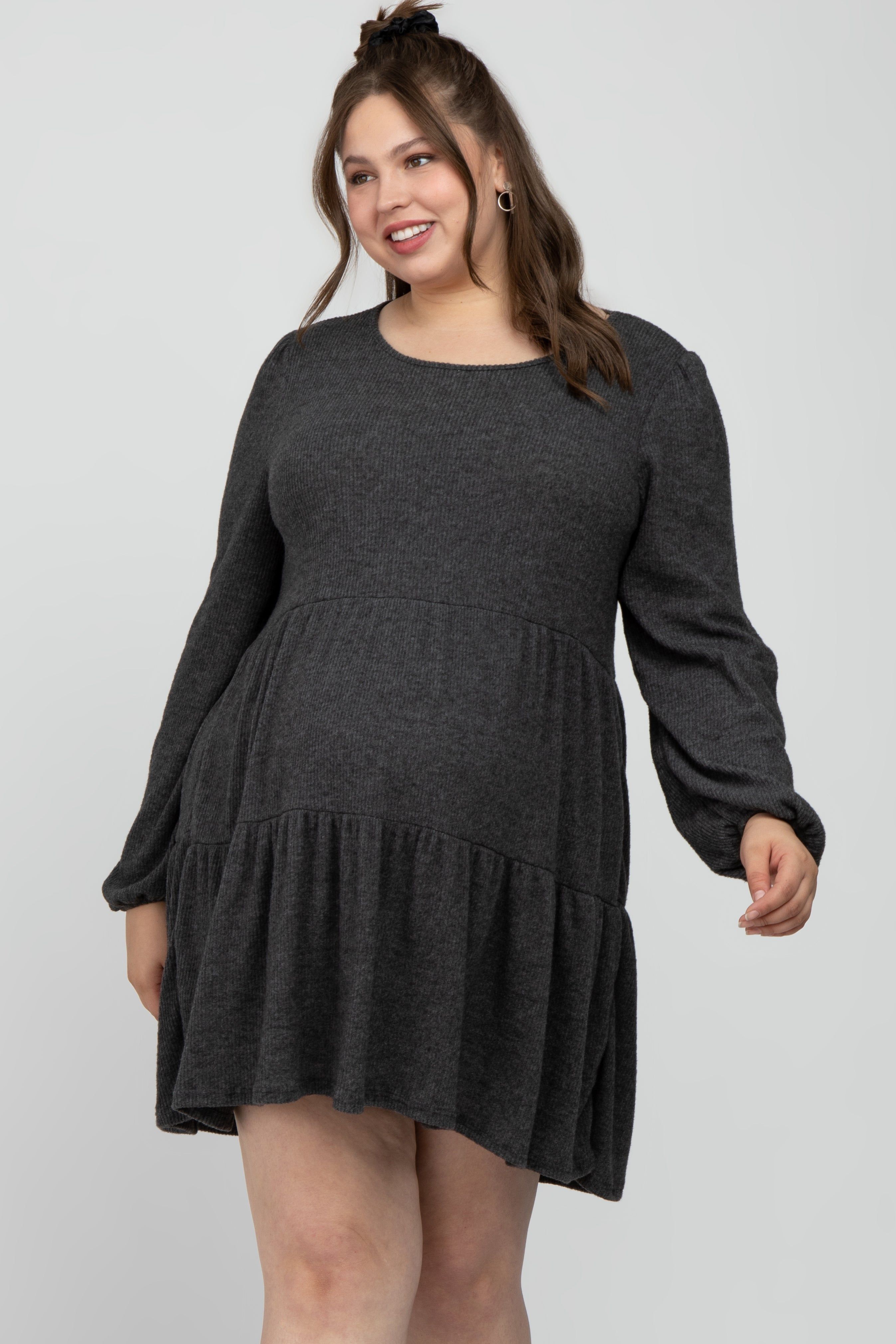 Charcoal Brushed Knit Tiered Maternity Plus Dress sold by Pinkblush product image thumbnail 3