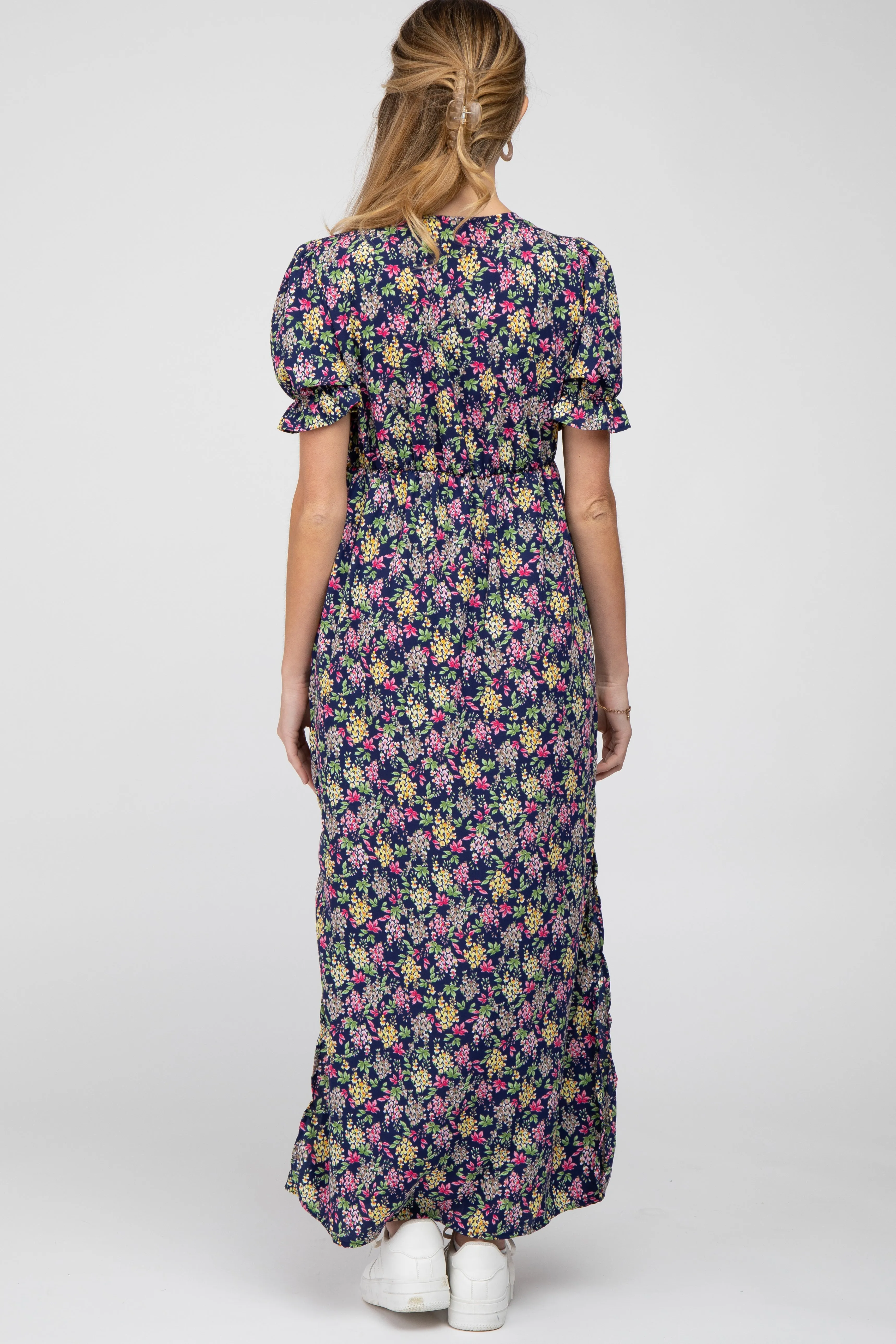 Navy Blue Floral Side Slit Maternity Maxi Dress sold by Pinkblush product image thumbnail 4