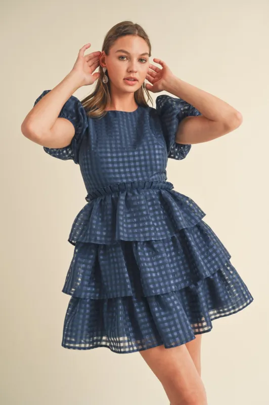Navy Puff Sleeve Tiered Layer Mini Dress sold by Pinkblush