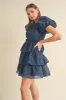 Navy Puff Sleeve Tiered Layer Mini Dress sold by Pinkblush