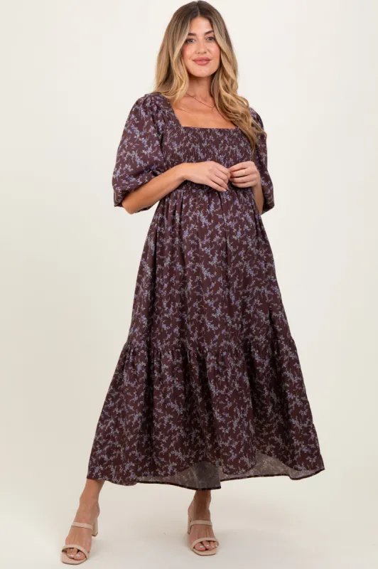 Plum Floral Smocked Hi-Low Puff Sleeve Maternity Maxi Dress sold by Pinkblush