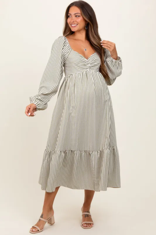 Olive Striped Ruched Bodice Balloon Sleeved Maternity Midi Dress sold by Pinkblush