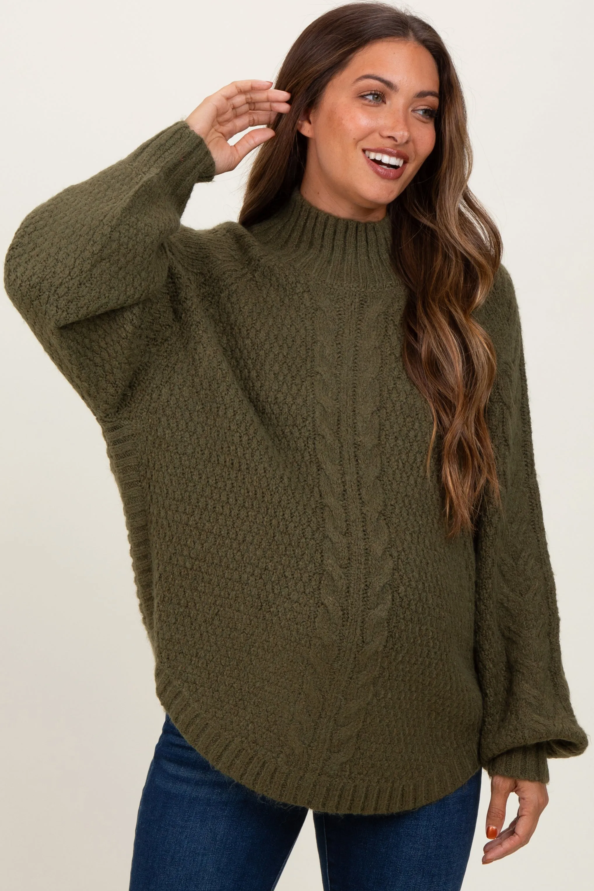 Olive Mixed Chunky Cable Knit Mock Neck Maternity Sweater sold by Pinkblush
