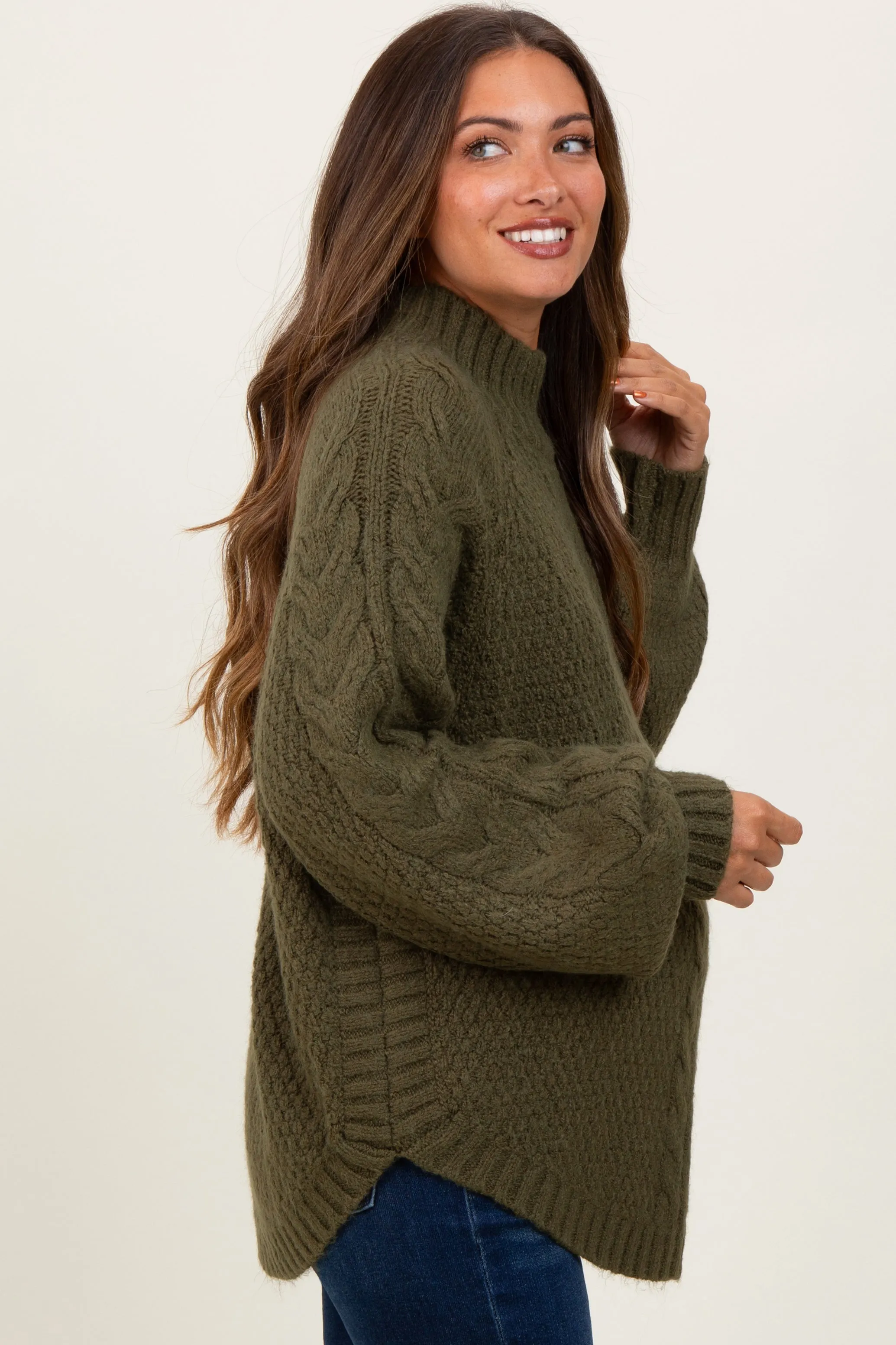 Olive Mixed Chunky Cable Knit Mock Neck Maternity Sweater sold by Pinkblush product image thumbnail 2
