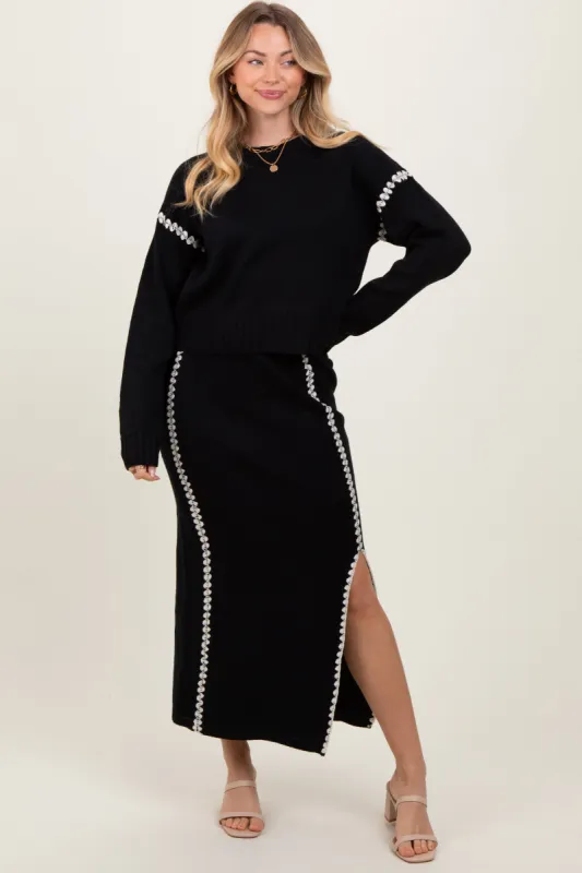 Black Contrast Stitch Knit Sweater And Maxi Skirt Set sold by Pinkblush