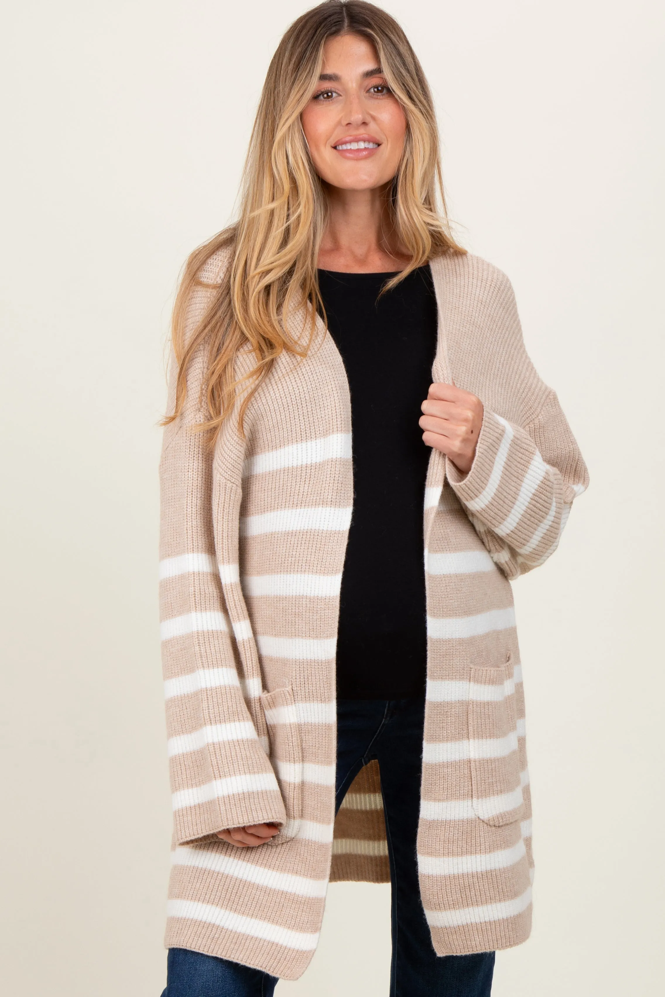 Beige Ivory Knit Striped Long Maternity Cardigan sold by Pinkblush product image thumbnail 2