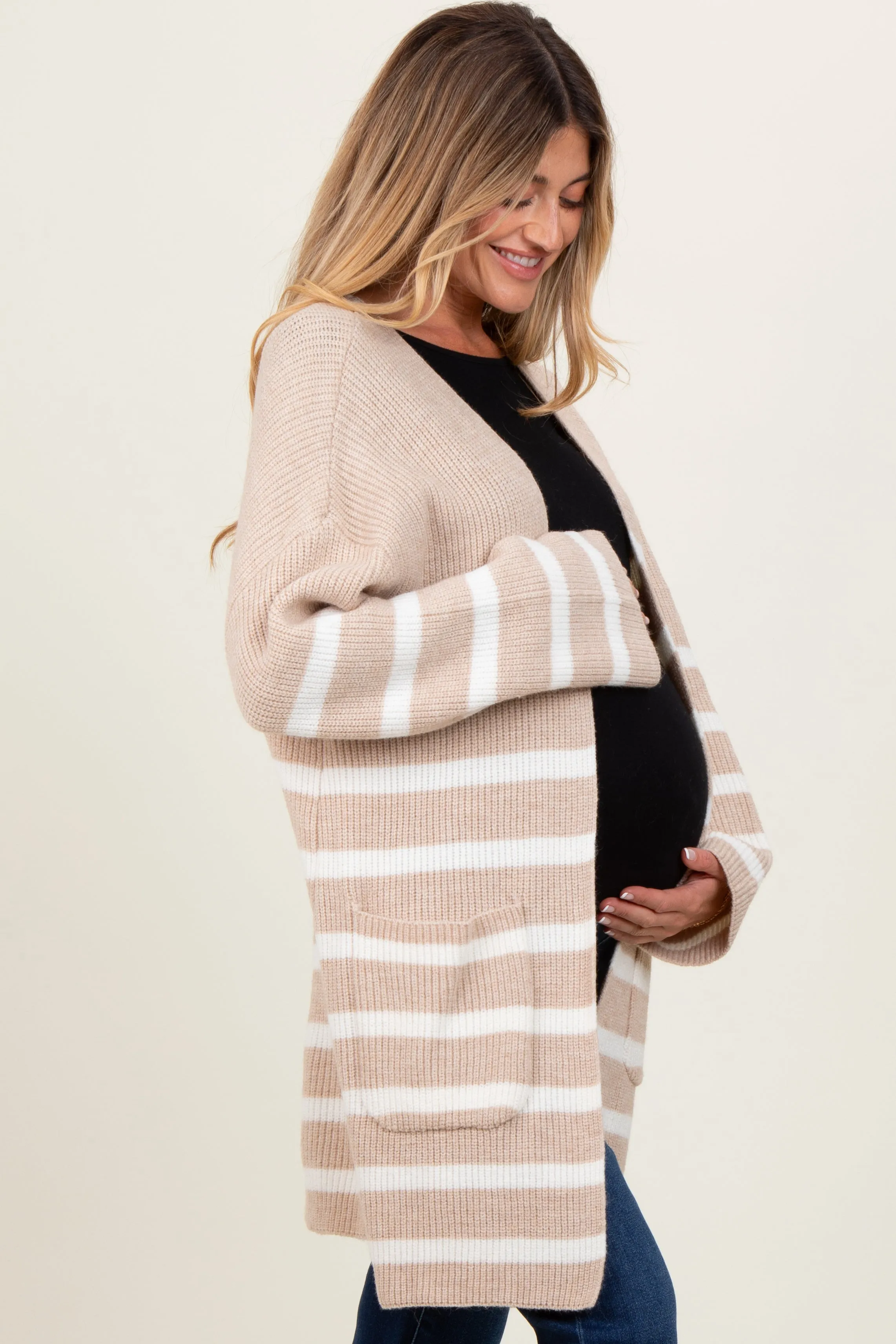 Beige Ivory Knit Striped Long Maternity Cardigan sold by Pinkblush product image thumbnail 3