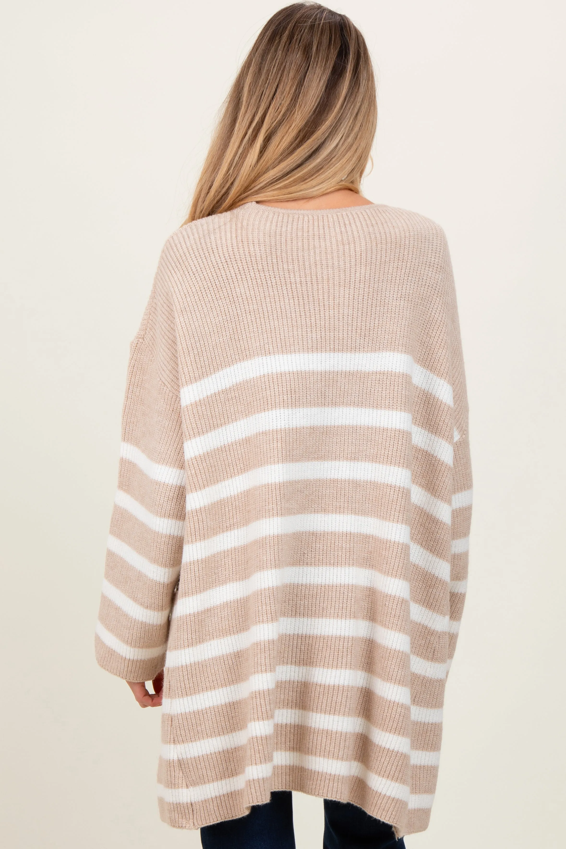 Beige Ivory Knit Striped Long Maternity Cardigan sold by Pinkblush product image thumbnail 4