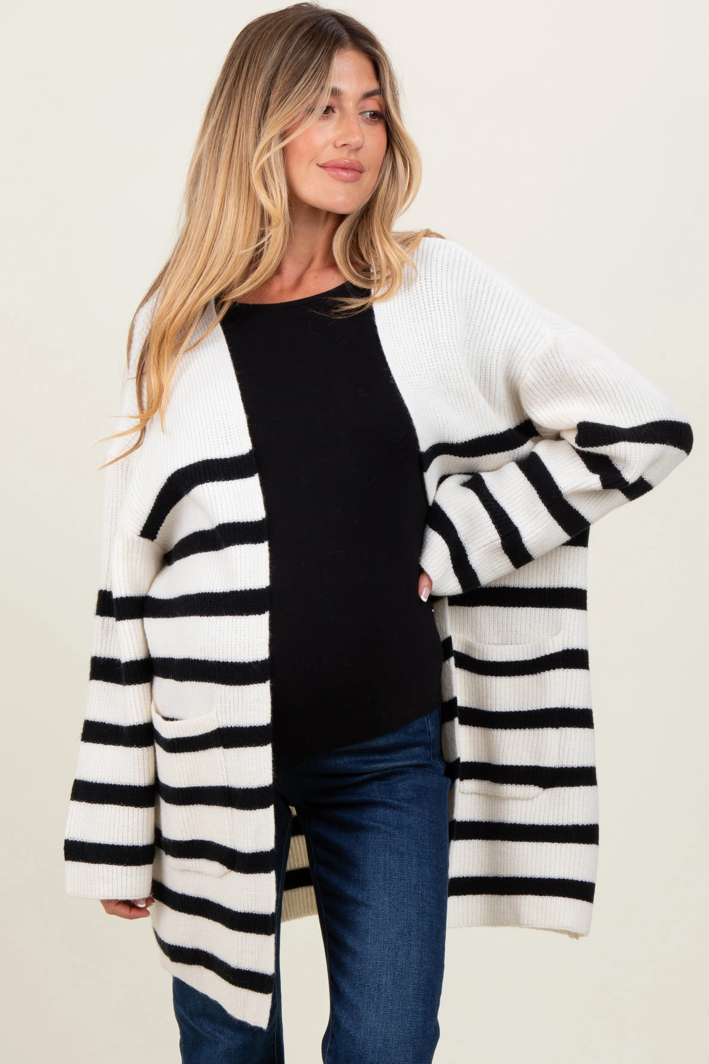 Ivory Black Knit Striped Long Maternity Cardigan sold by Pinkblush