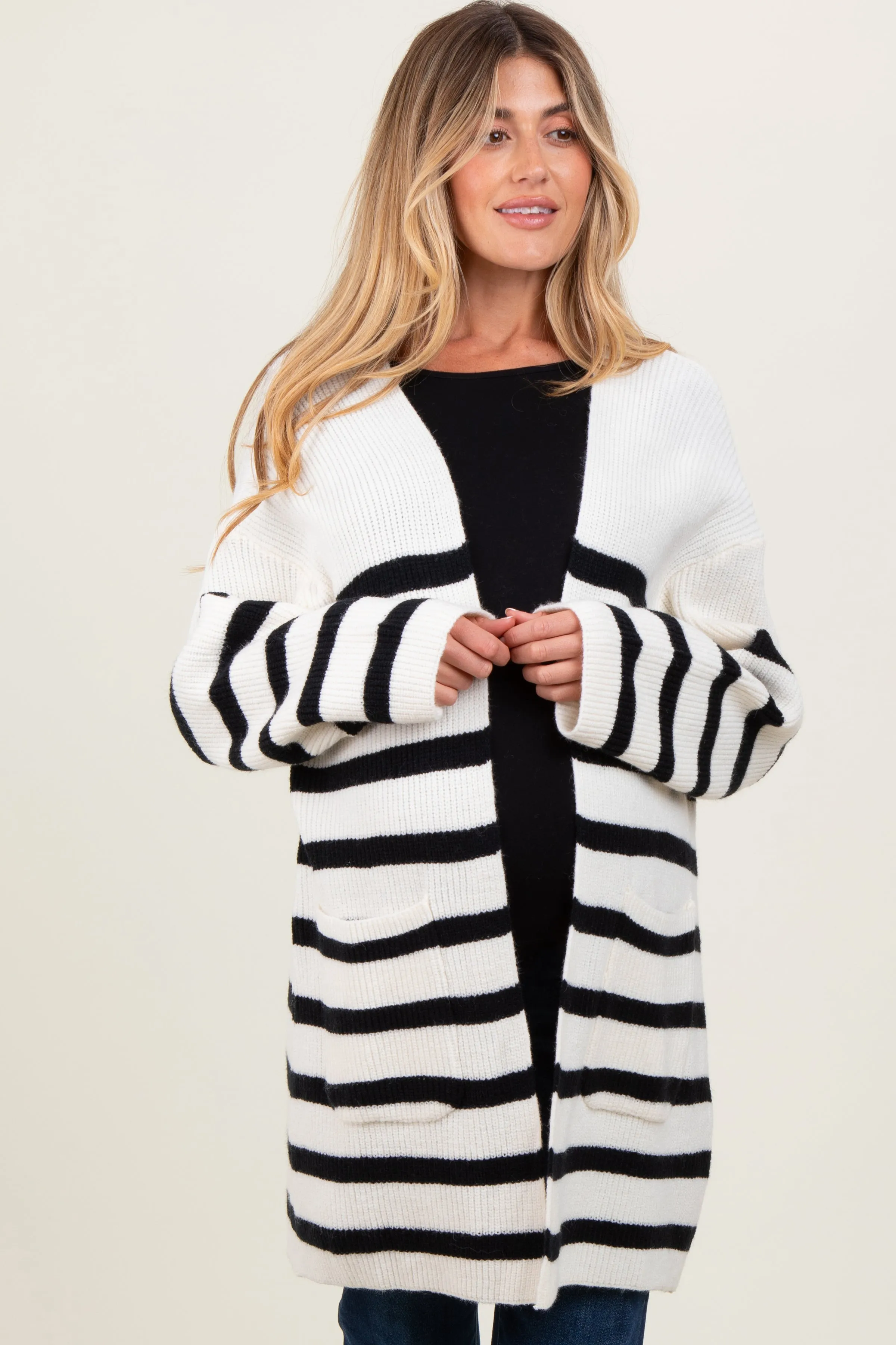 Ivory Black Knit Striped Long Maternity Cardigan sold by Pinkblush product image thumbnail 2