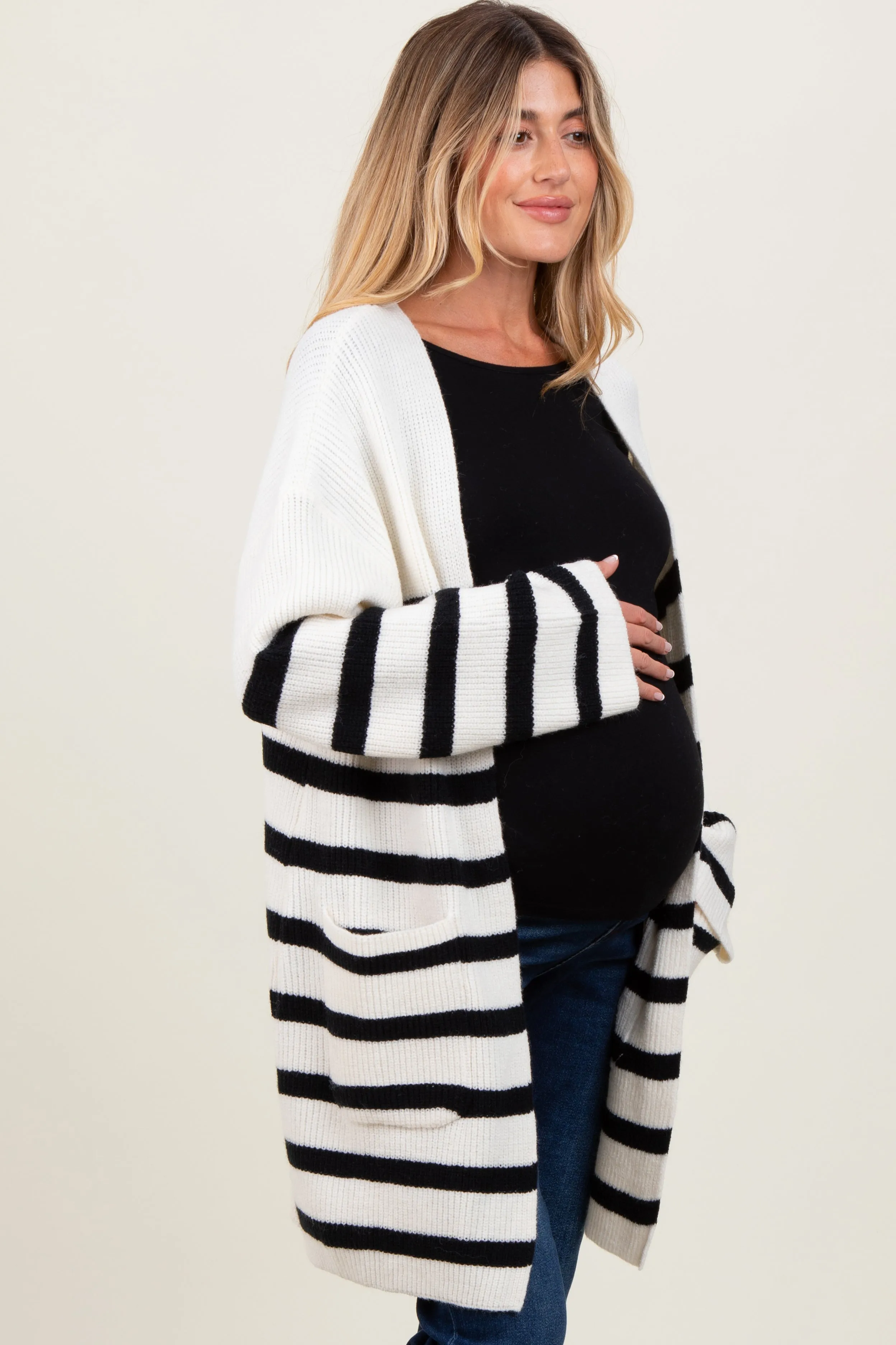 Ivory Black Knit Striped Long Maternity Cardigan sold by Pinkblush product image thumbnail 3