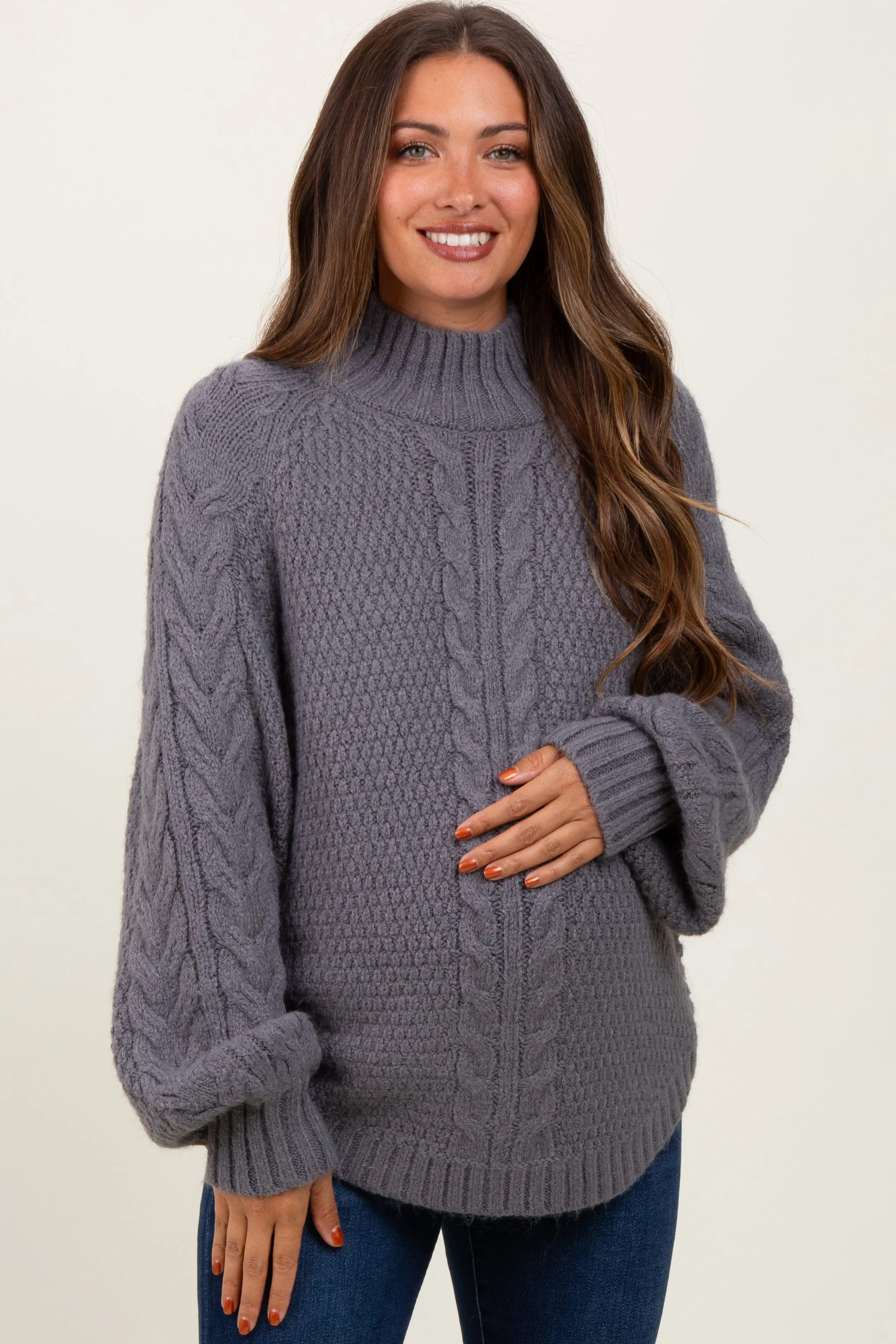 Charcoal Mixed Chunky Cable Knit Mock Neck Maternity Sweater sold by Pinkblush