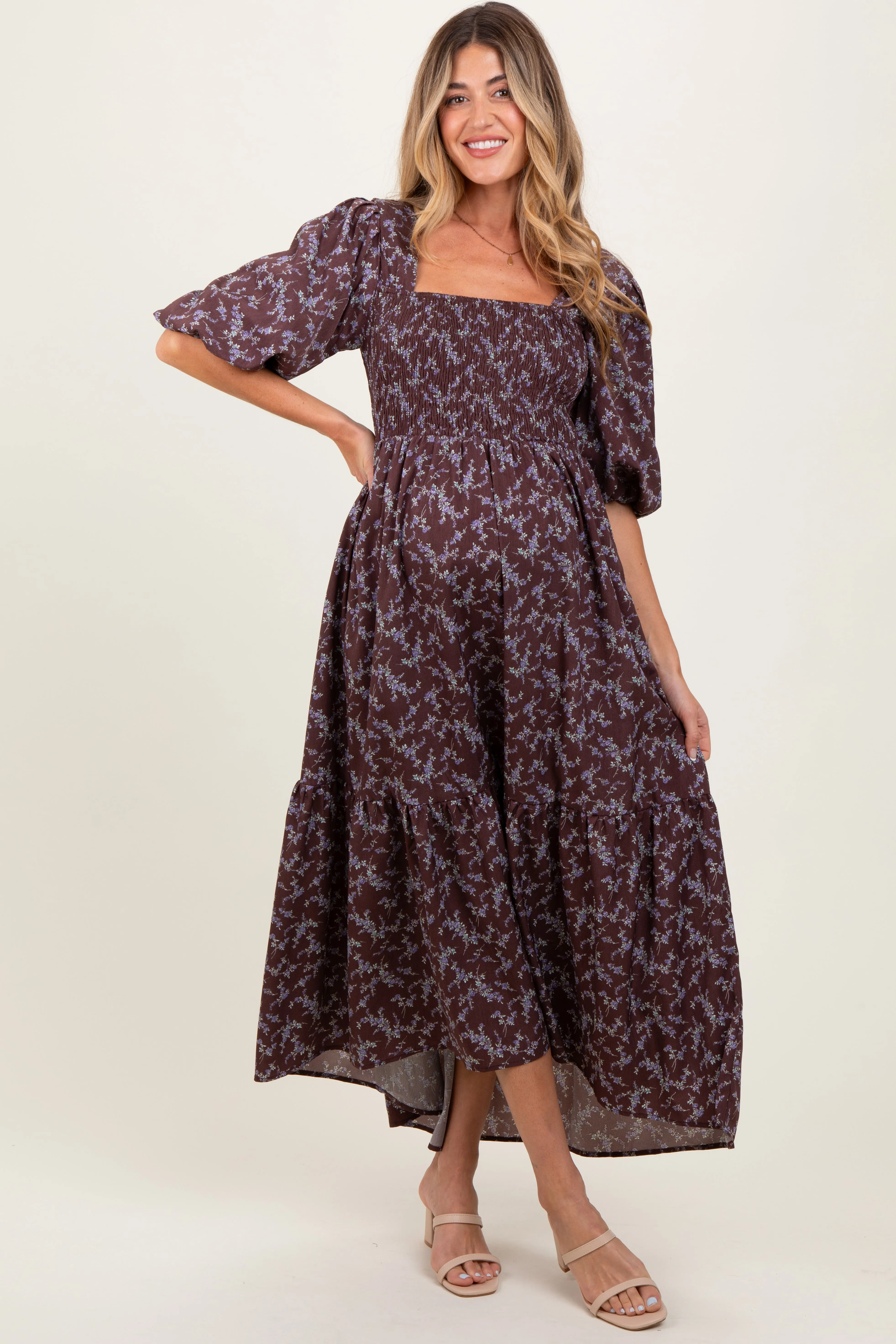 Plum Floral Smocked Hi-Low Puff Sleeve Maternity Maxi Dress sold by Pinkblush product image thumbnail 2