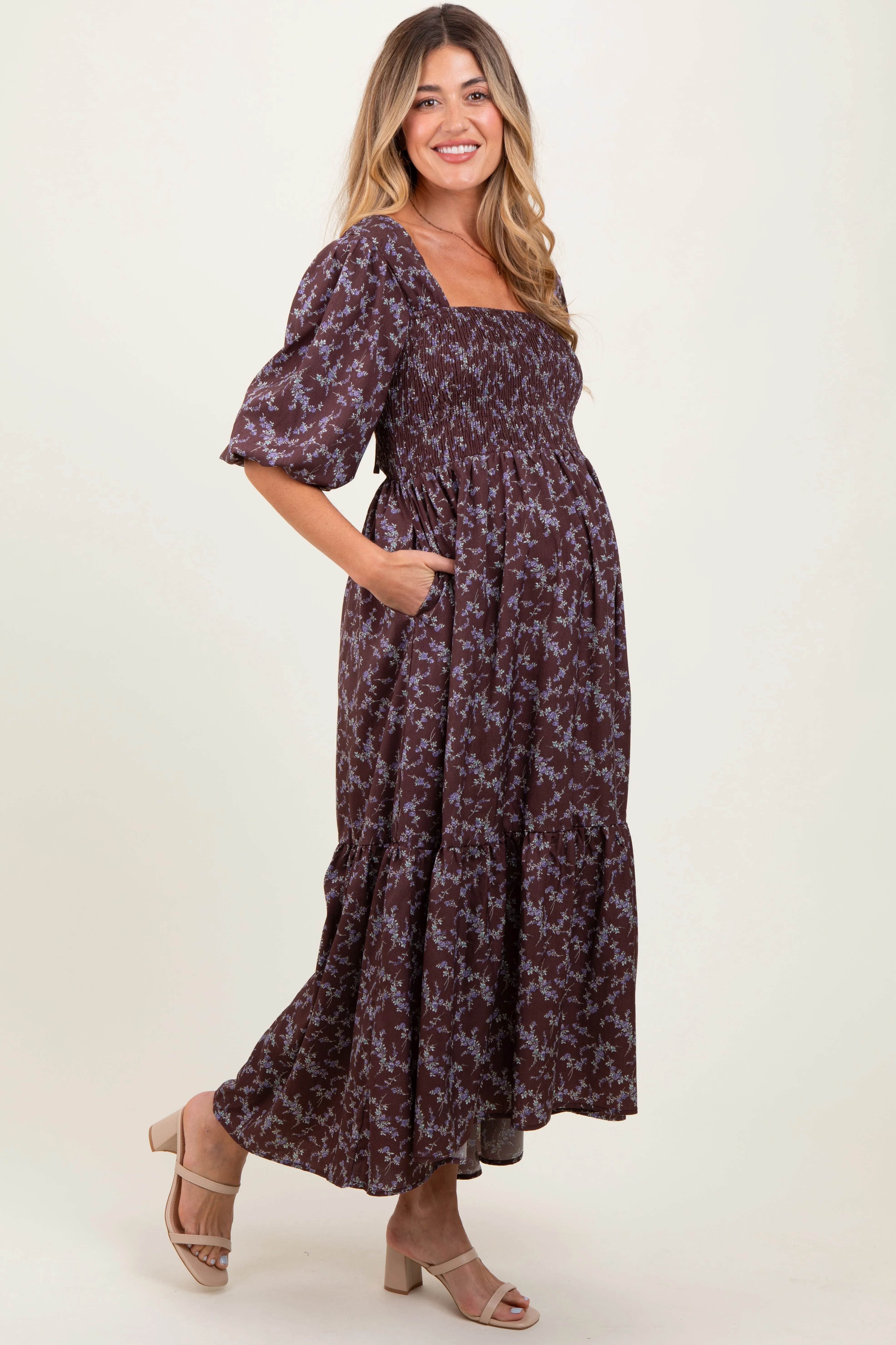 Plum Floral Smocked Hi-Low Puff Sleeve Maternity Maxi Dress sold by Pinkblush product image thumbnail 3