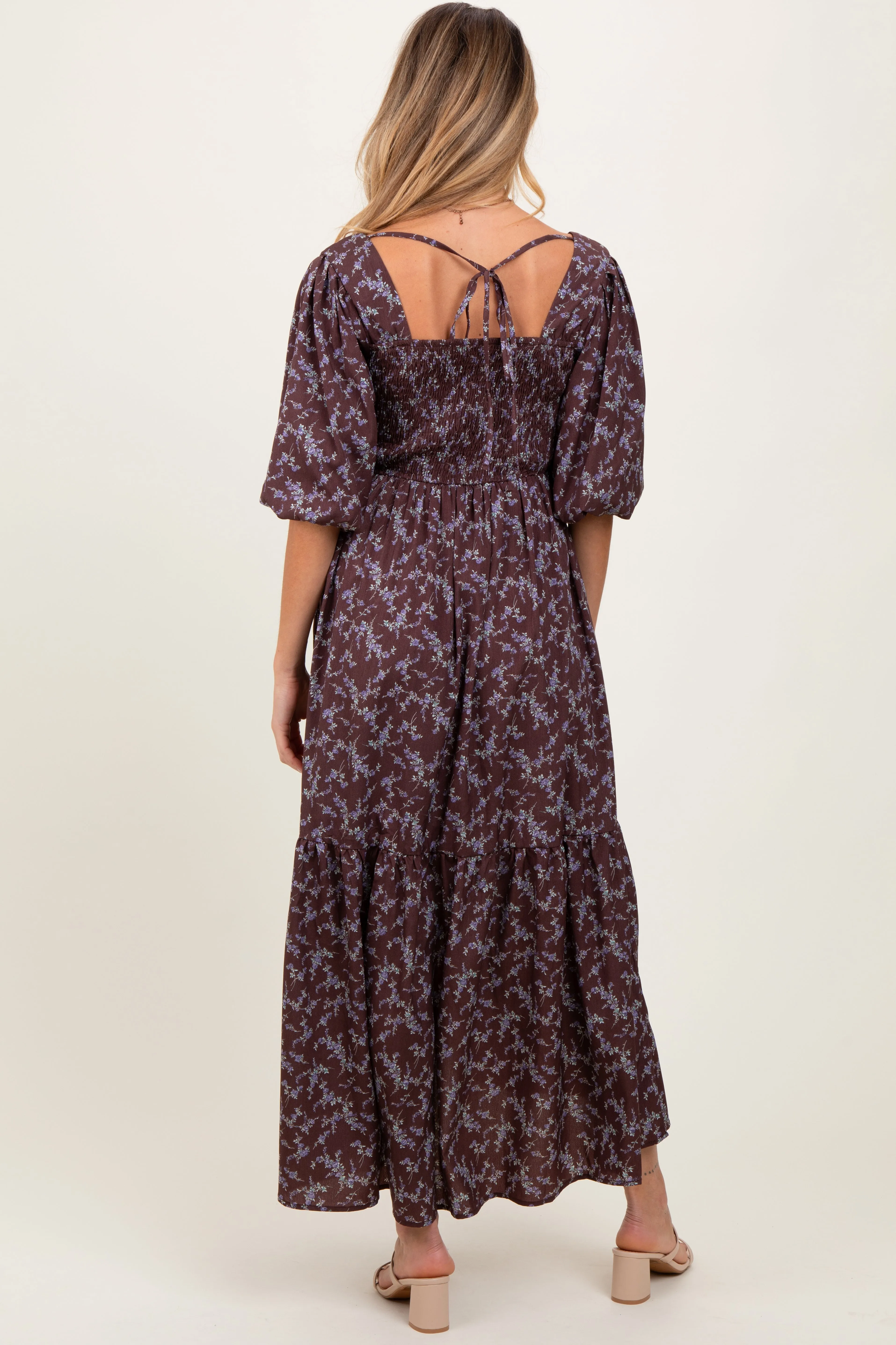 Plum Floral Smocked Hi-Low Puff Sleeve Maternity Maxi Dress sold by Pinkblush product image thumbnail 4