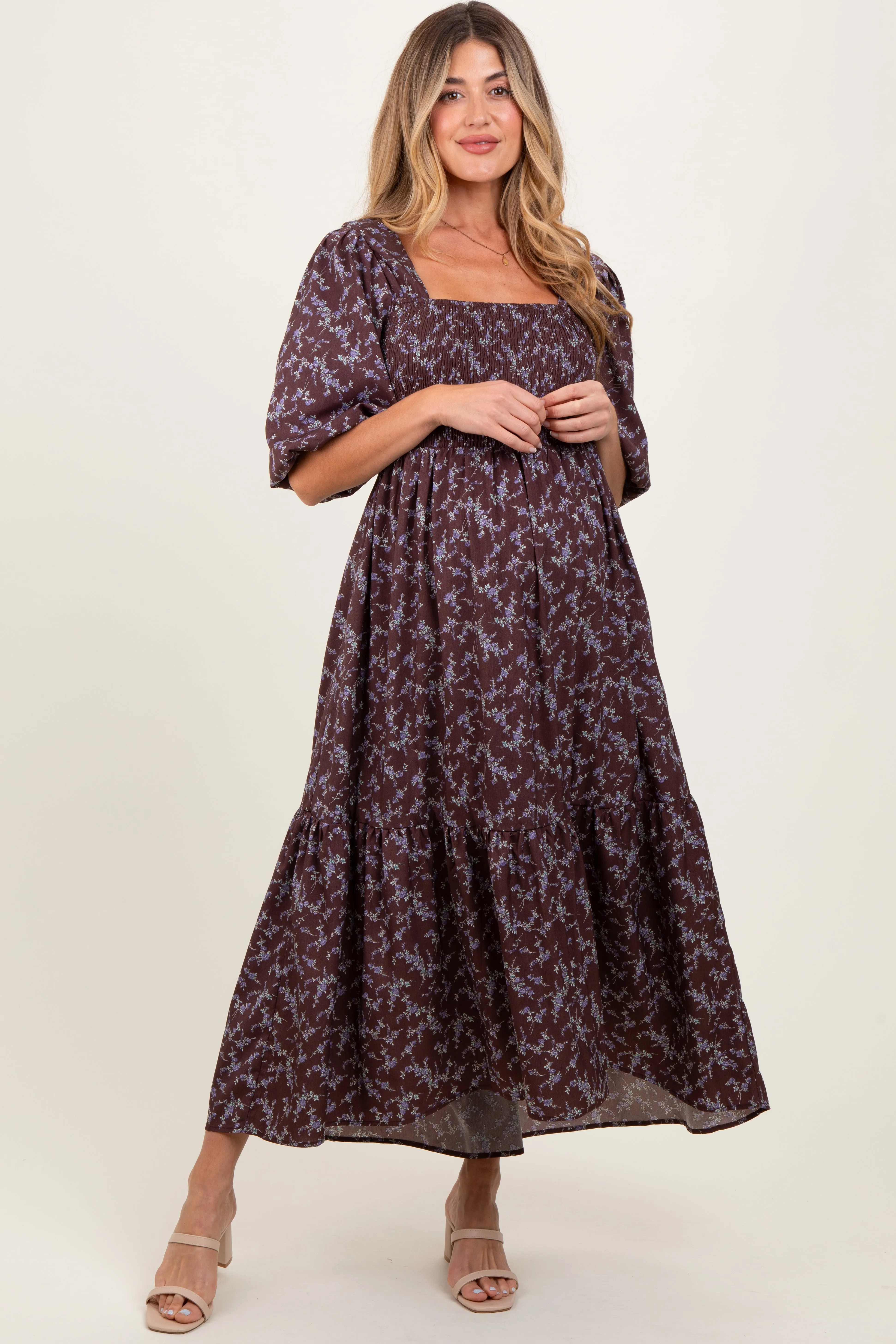 Plum Floral Smocked Hi-Low Puff Sleeve Maternity Maxi Dress sold by Pinkblush