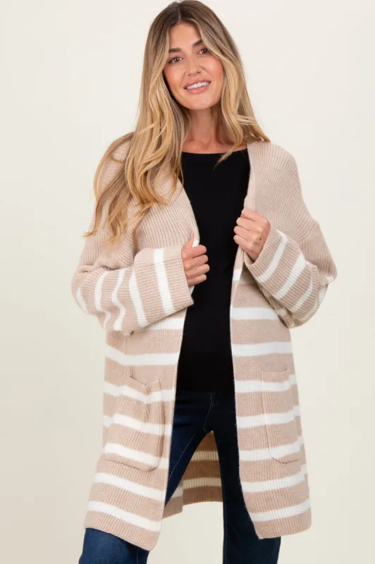 Beige Ivory Knit Striped Long Maternity Cardigan sold by Pinkblush