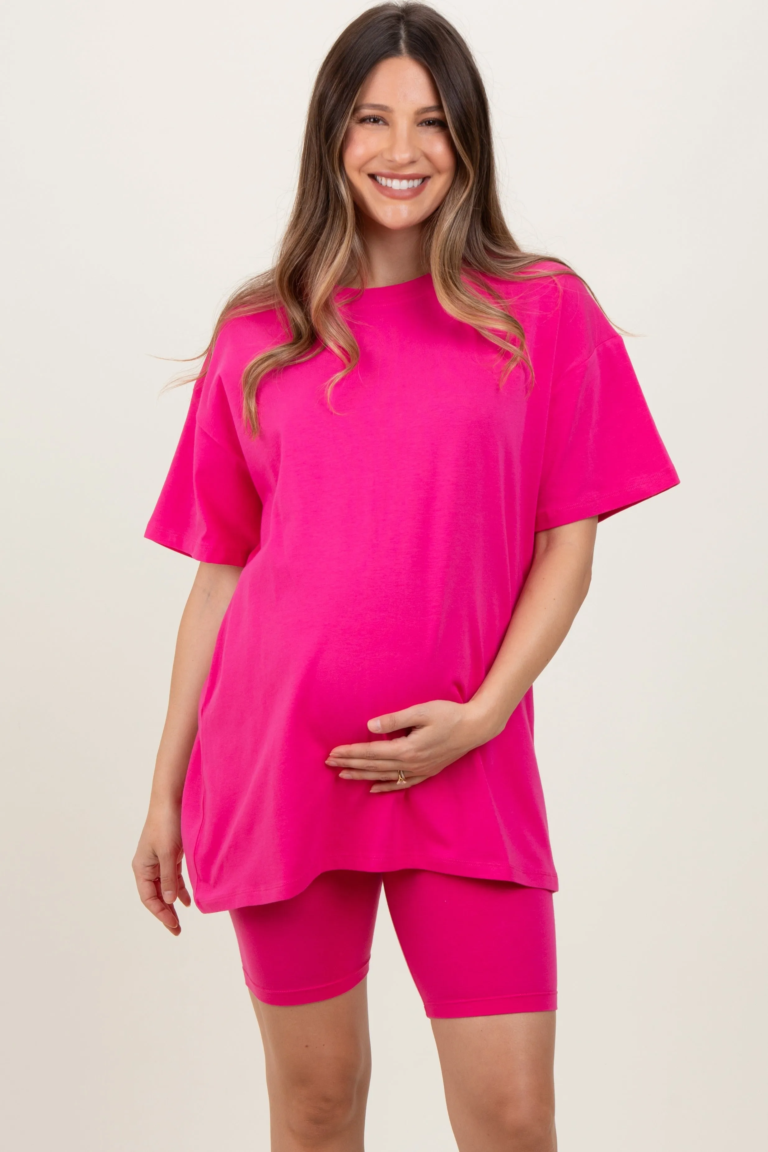 Fuchsia Biker Shorts Maternity Set sold by Pinkblush