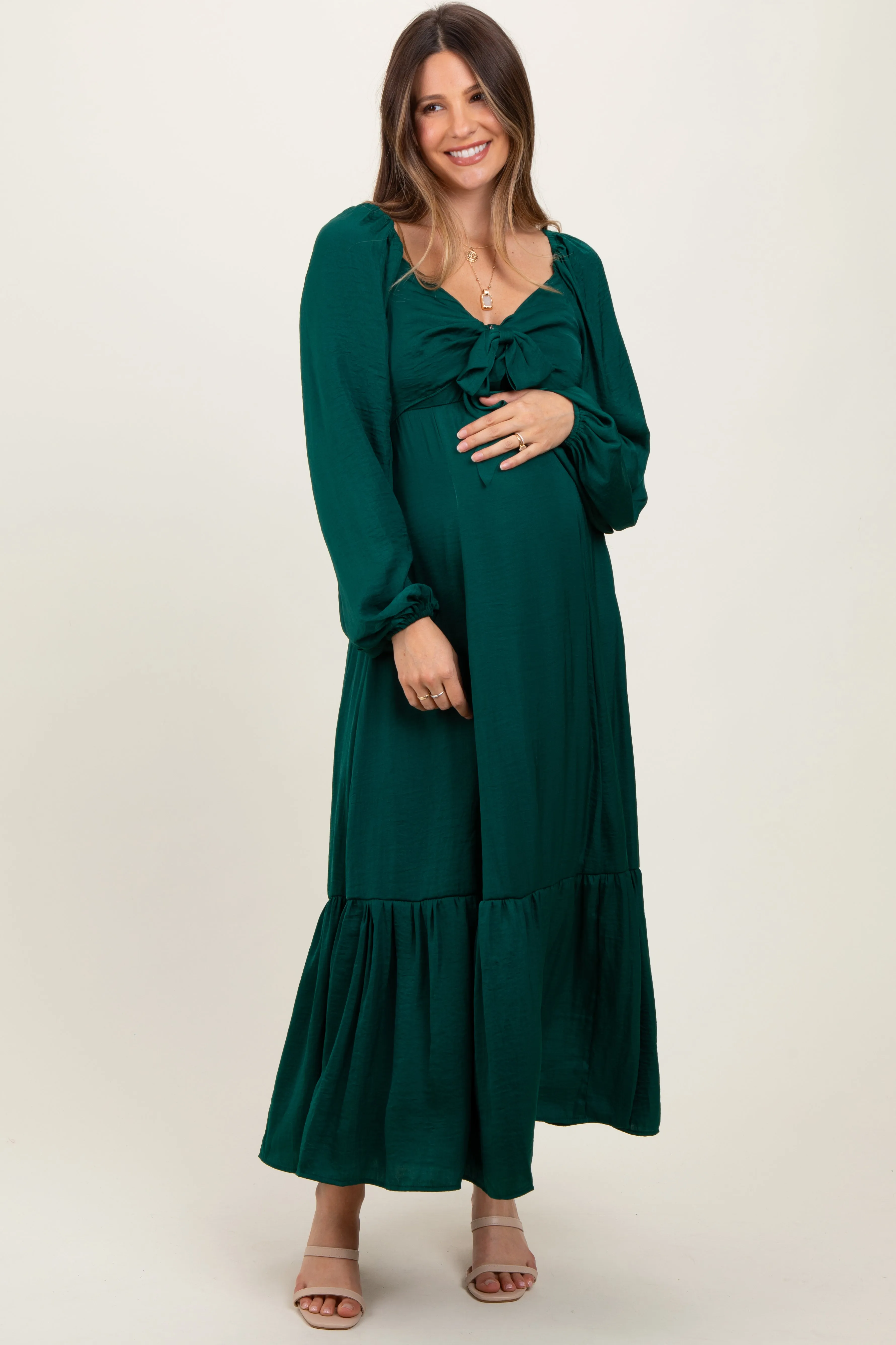 Emerald Bow Satin Maternity Maxi Dress sold by Pinkblush