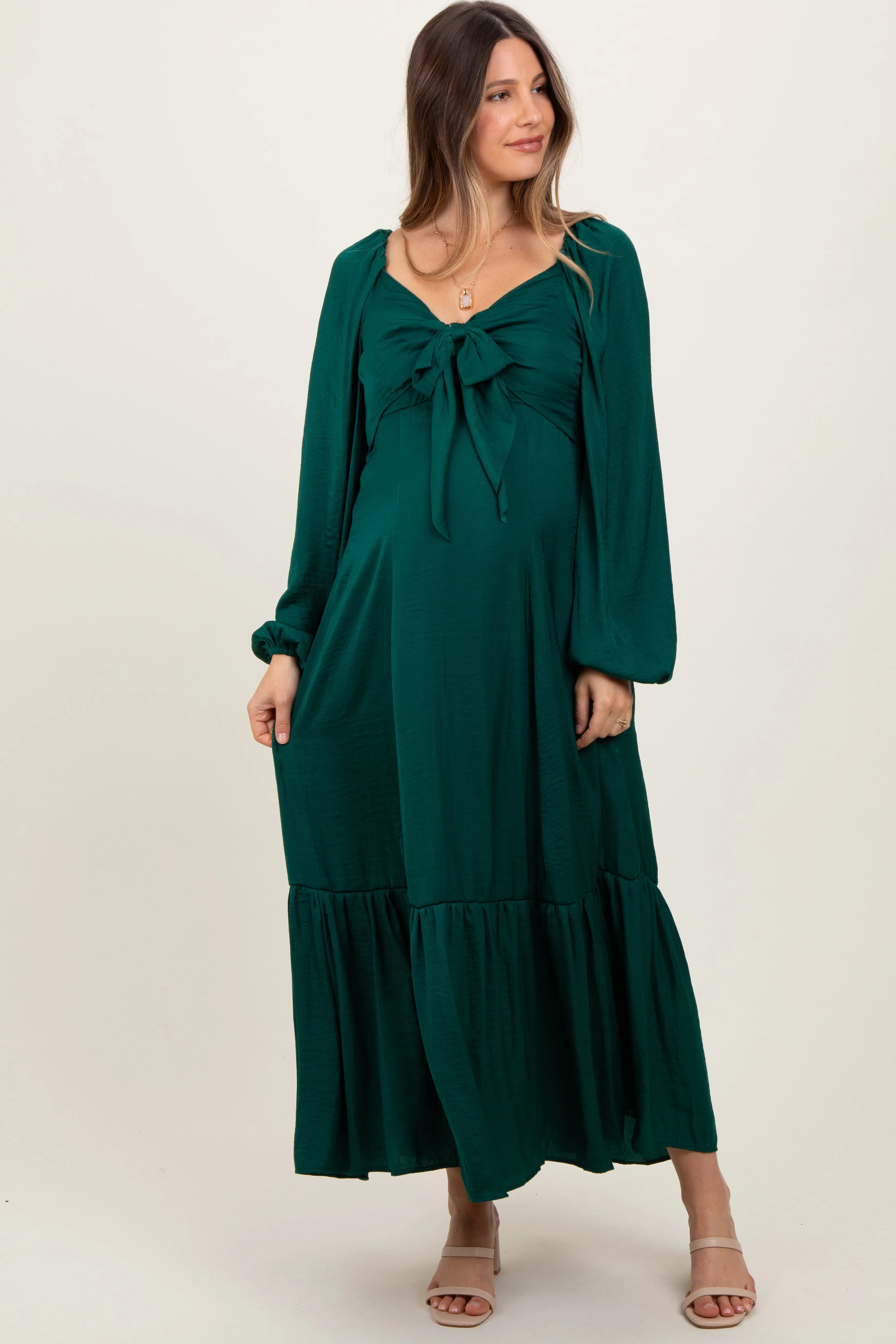 Emerald Bow Satin Maternity Maxi Dress sold by Pinkblush product image thumbnail 2