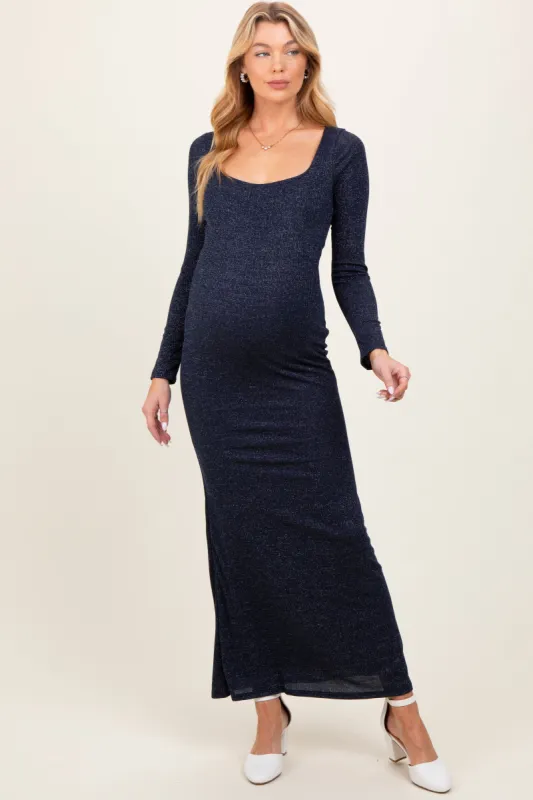 Navy Basic Square Neck Long Sleeve Maternity Maxi Dress sold by Pinkblush