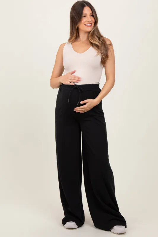 Black Wide Leg Drawstring Maternity Sweatpants sold by Pinkblush