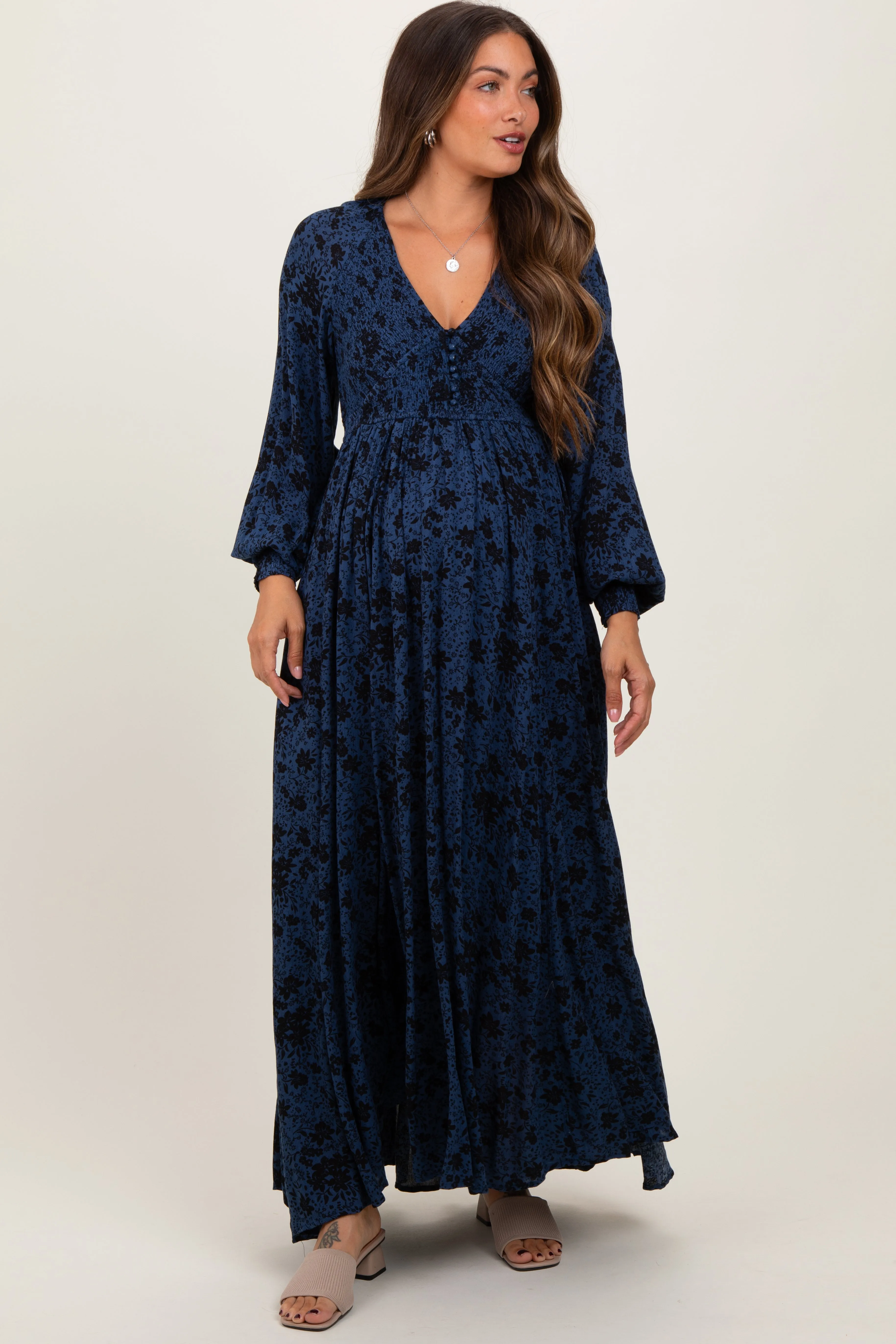 Navy Floral Smocked Button Detail Maternity Maxi Dress sold by Pinkblush product image thumbnail 3