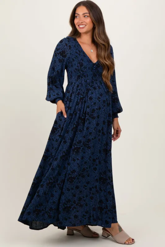 Navy Floral Smocked Button Detail Maternity Maxi Dress sold by Pinkblush