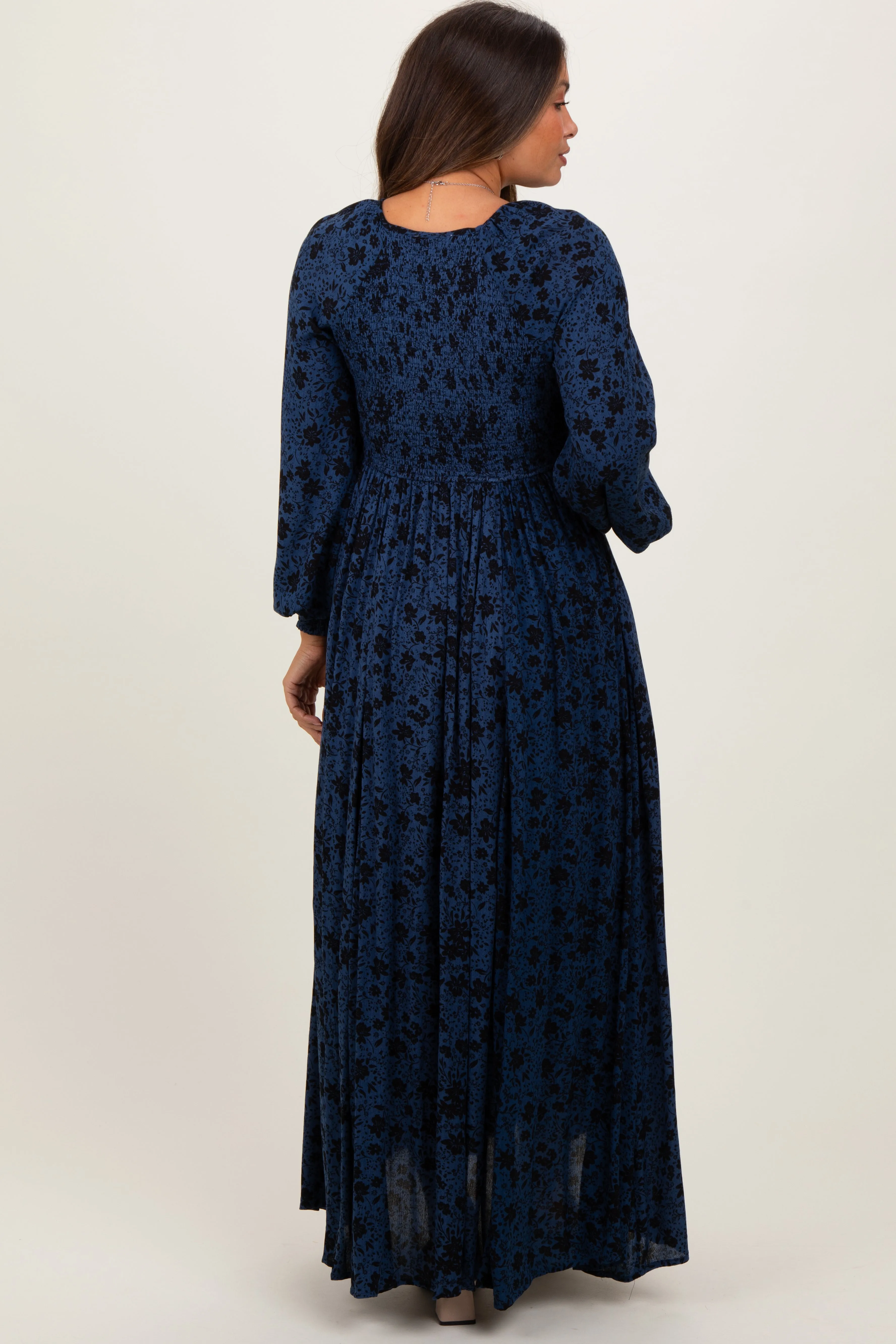 Navy Floral Smocked Button Detail Maternity Maxi Dress sold by Pinkblush product image thumbnail 4