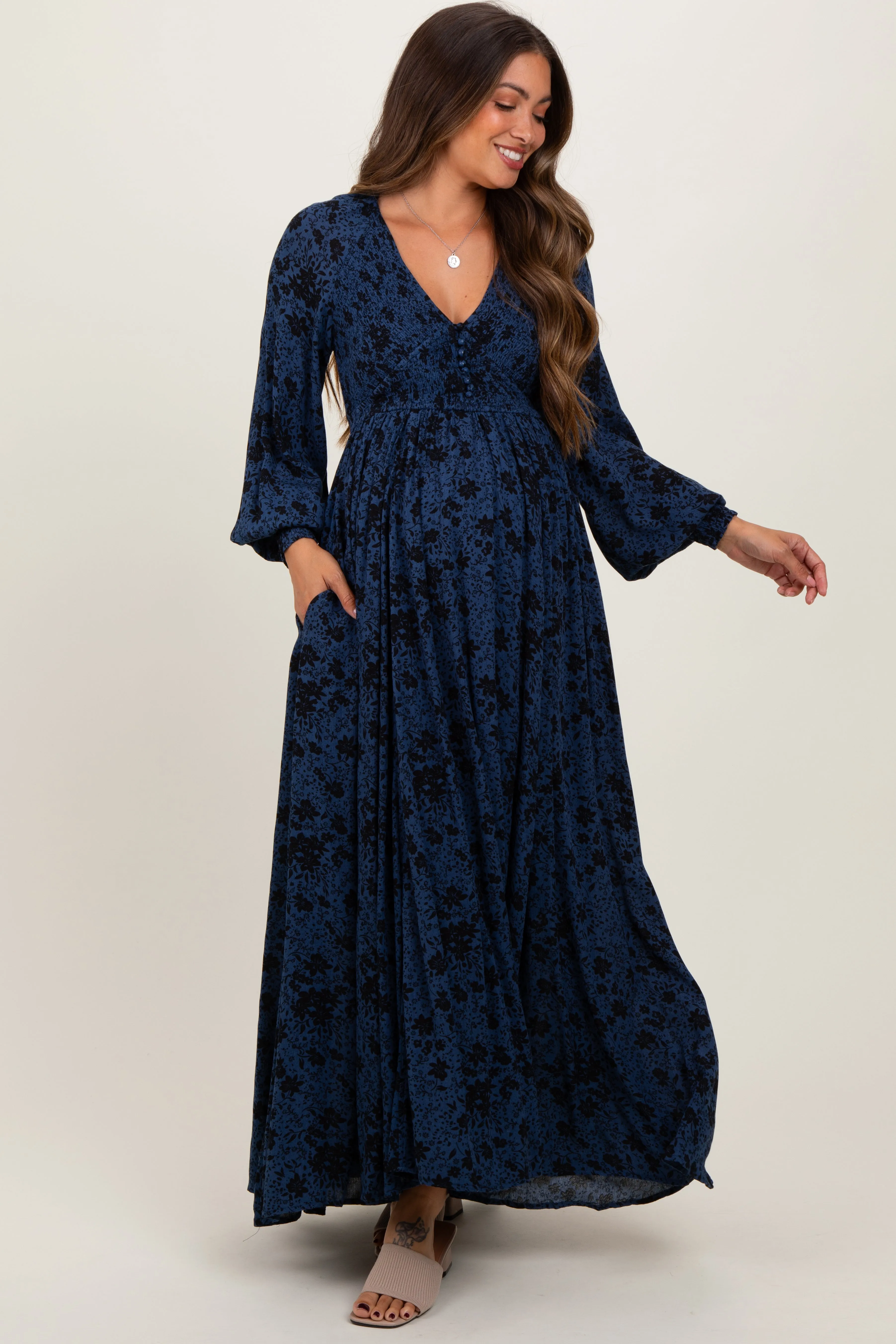 Navy Floral Smocked Button Detail Maternity Maxi Dress sold by Pinkblush product image thumbnail 2