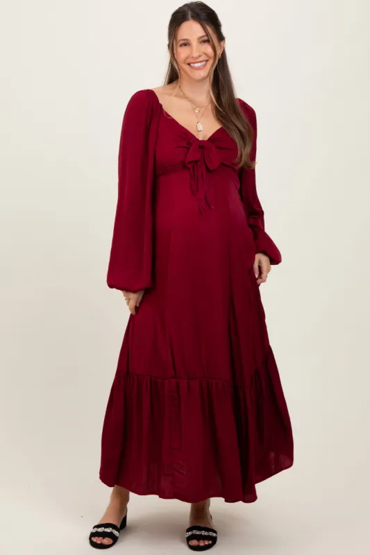 Burgundy Bow Satin Maternity Maxi Dress sold by Pinkblush