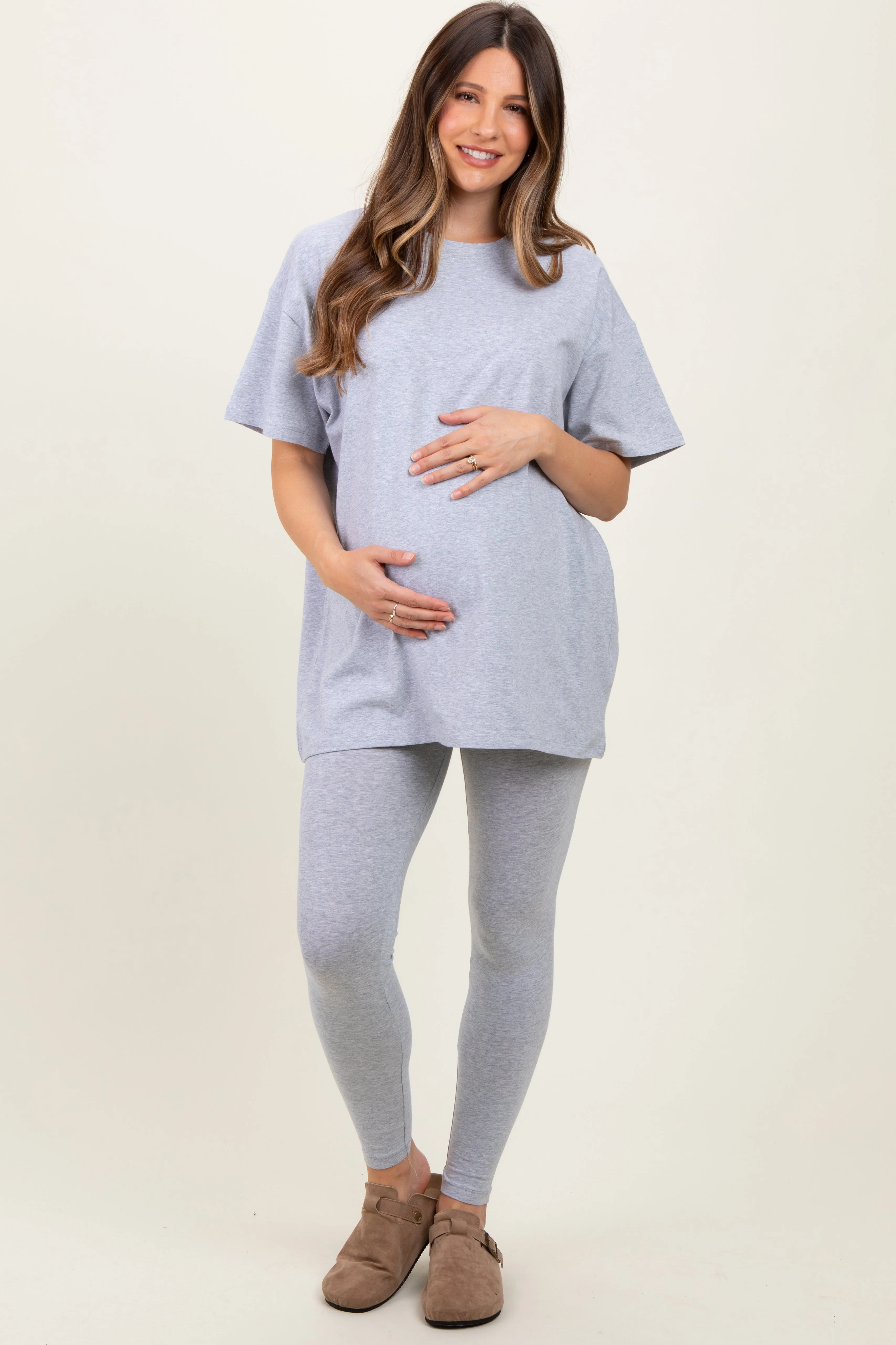 Heather Grey Oversized Crewneck Short Sleeve and Legging Maternity Set sold by Pinkblush product image thumbnail 2