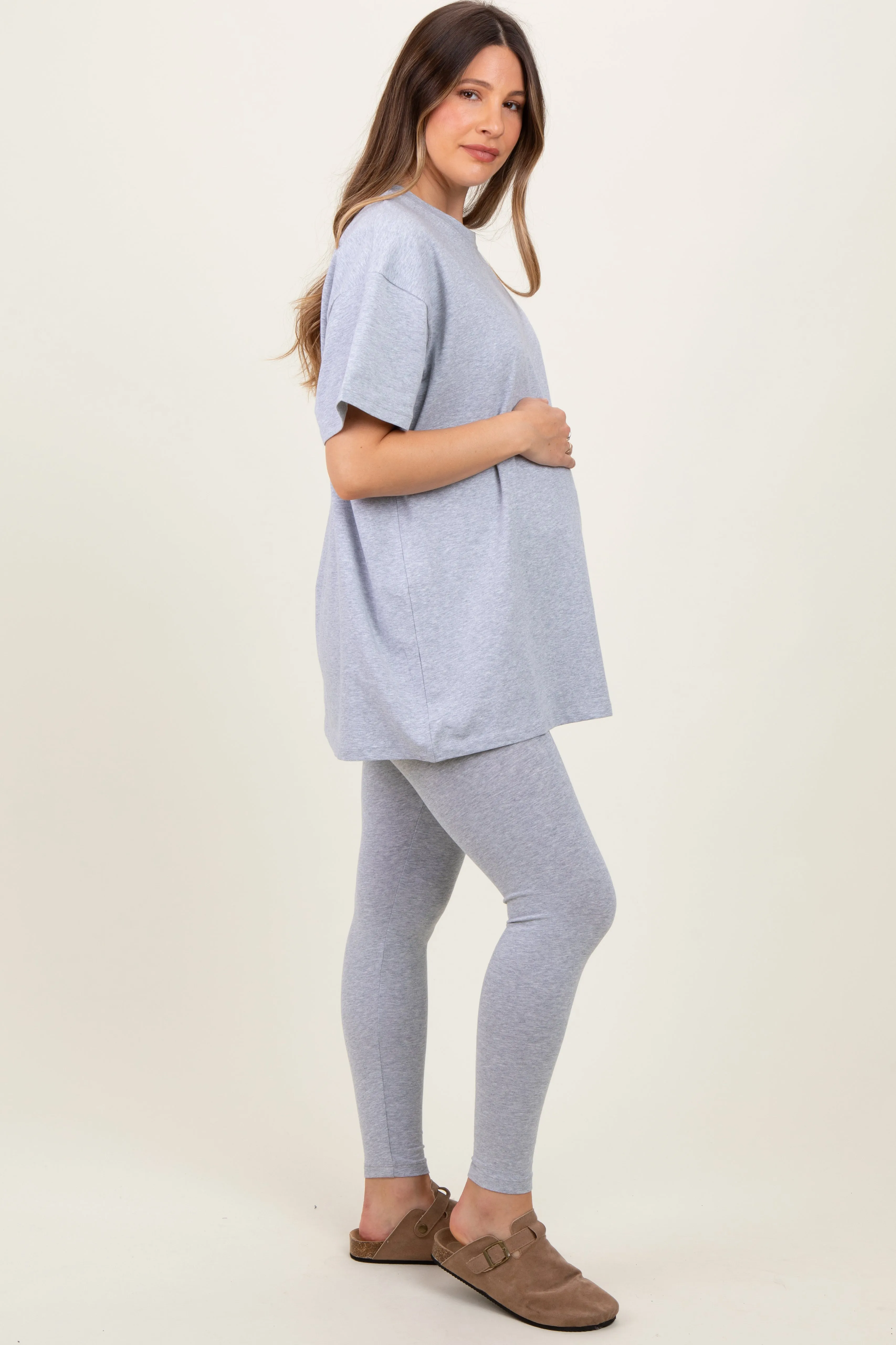 Heather Grey Oversized Crewneck Short Sleeve and Legging Maternity Set sold by Pinkblush product image thumbnail 3