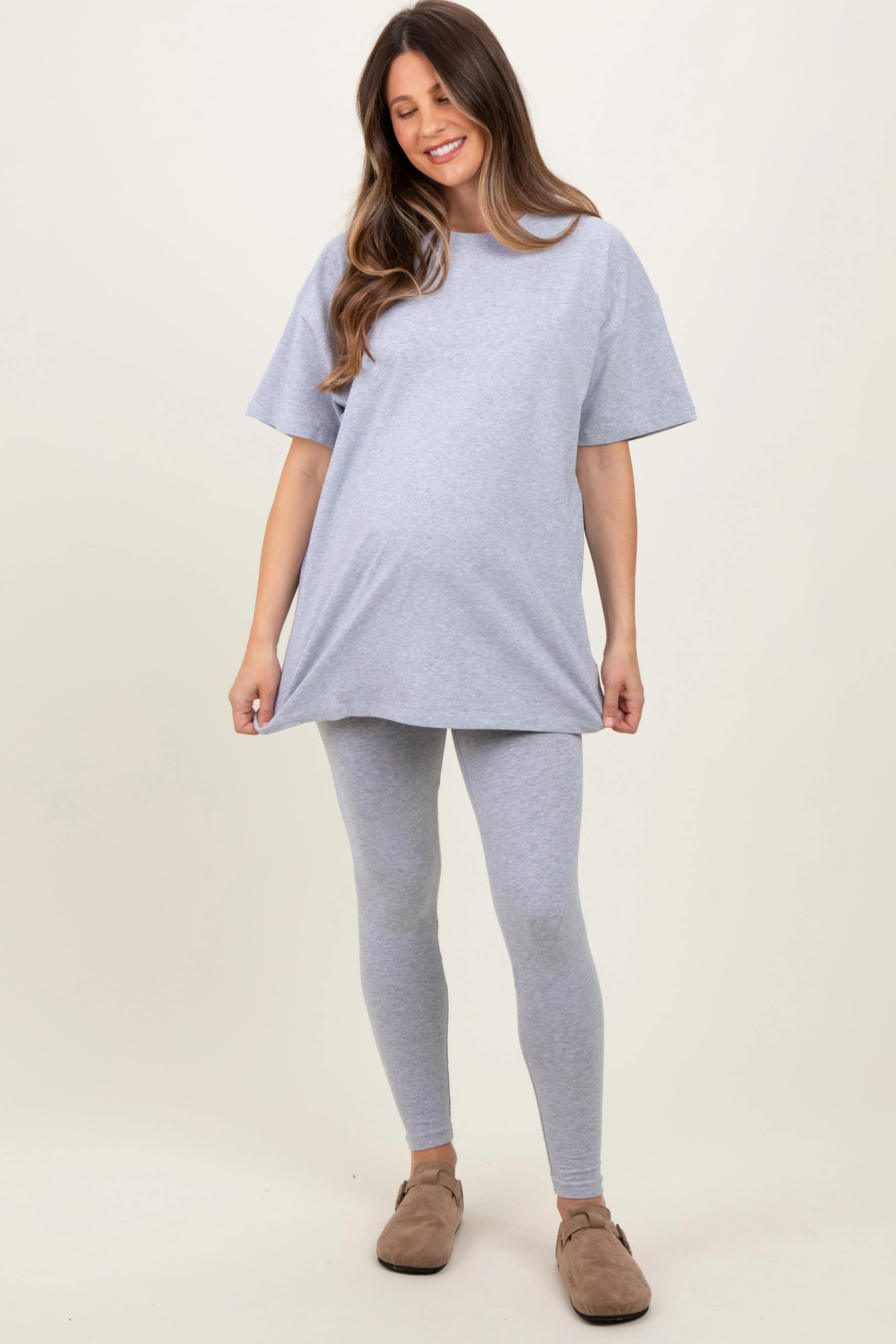 Heather Grey Oversized Crewneck Short Sleeve and Legging Maternity Set sold by Pinkblush