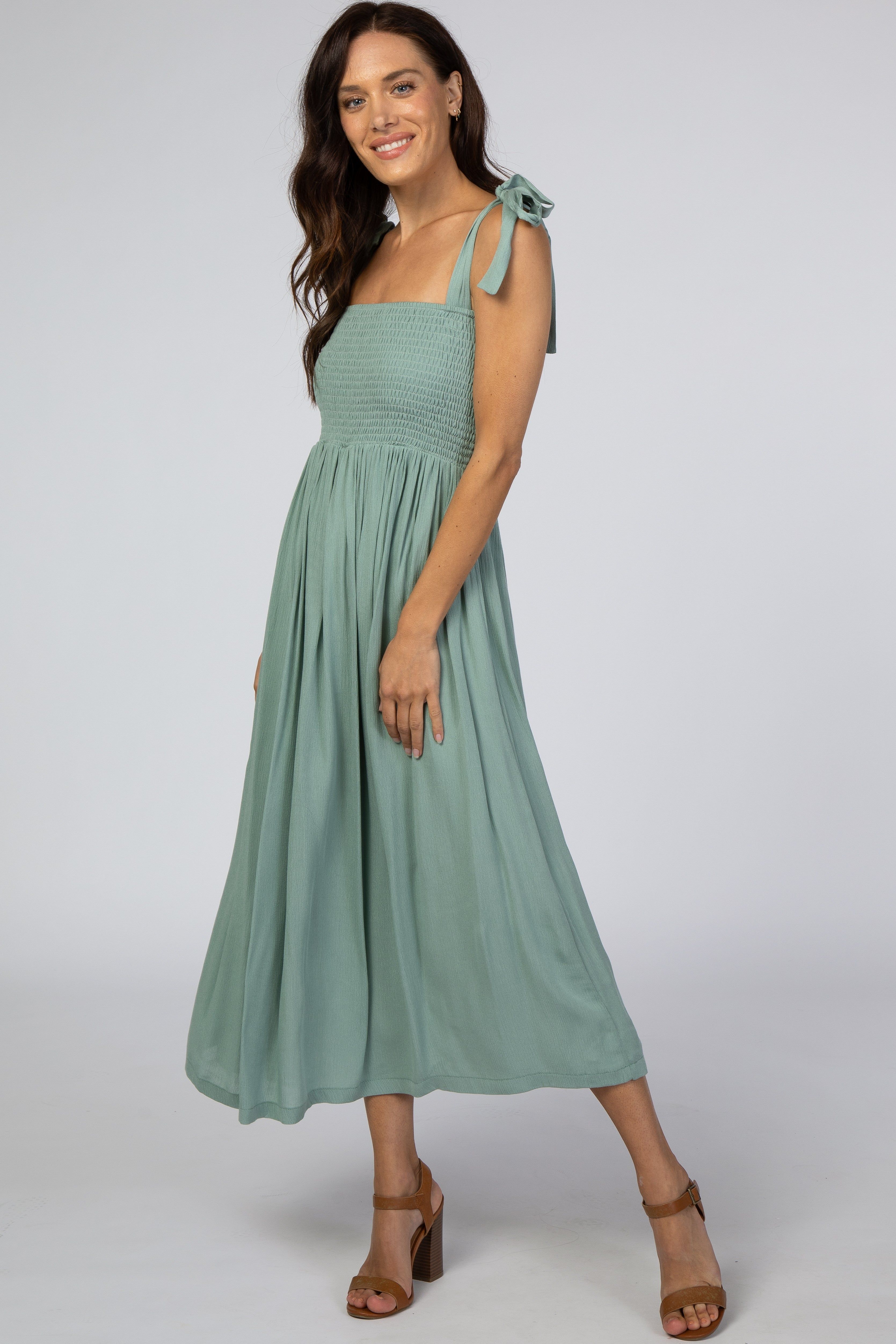 Mint Green Smocked Tie Strap Midi Dress sold by Pinkblush product image thumbnail 4