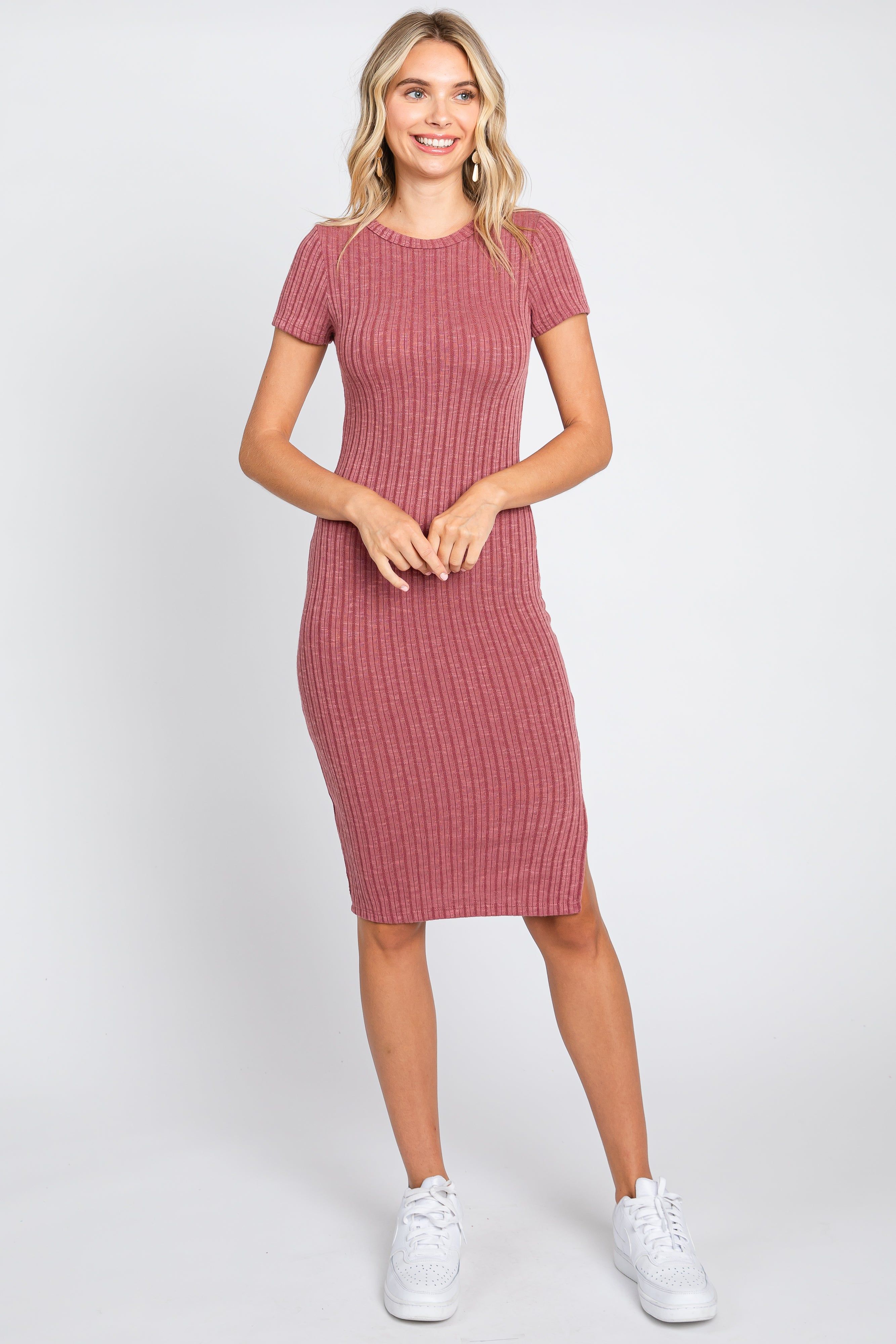 Mauve Ribbed Fitted Dress sold by Pinkblush