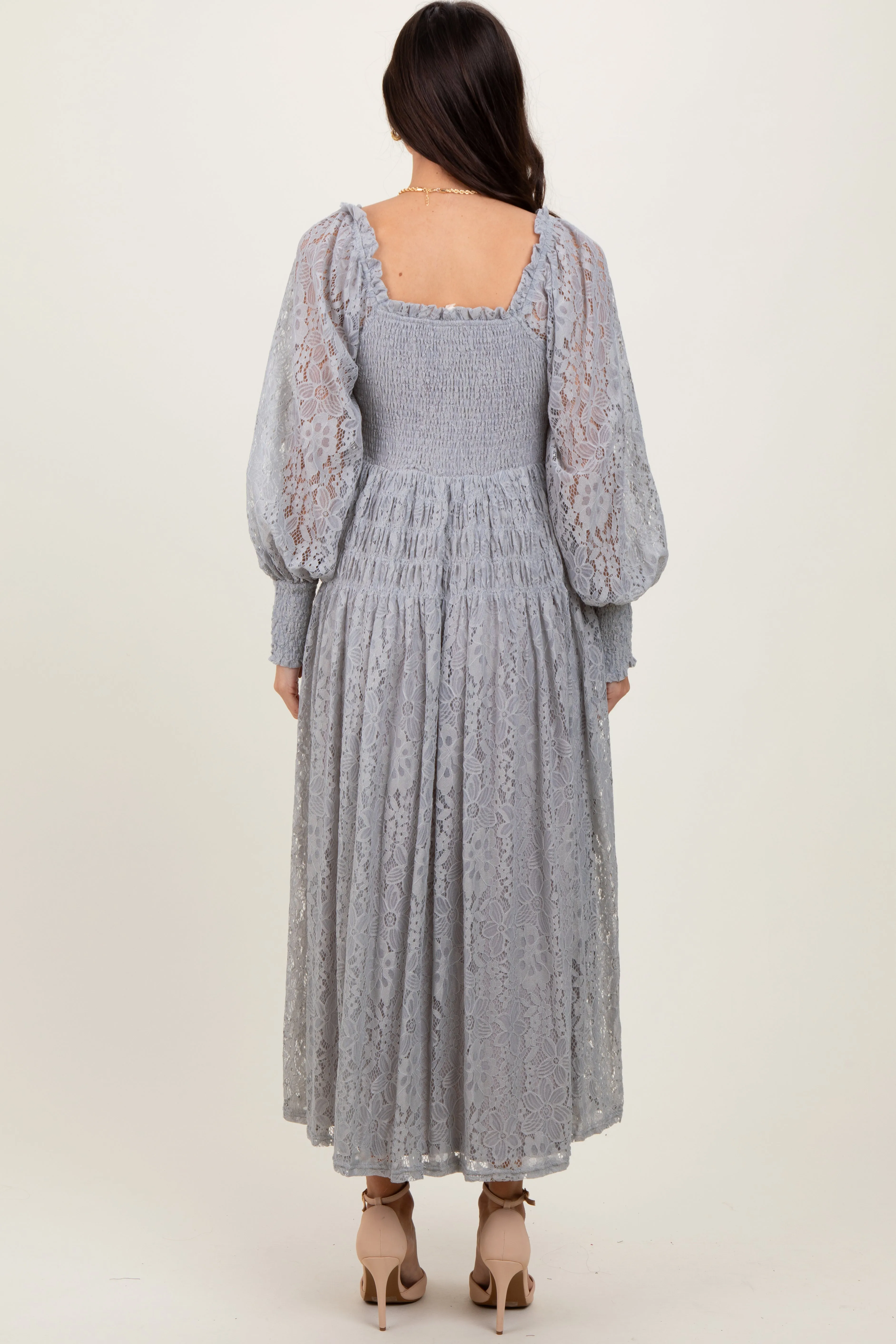 Heather Grey Lace Smocked Bubble Sleeve Maxi Dress sold by Pinkblush product image thumbnail 3