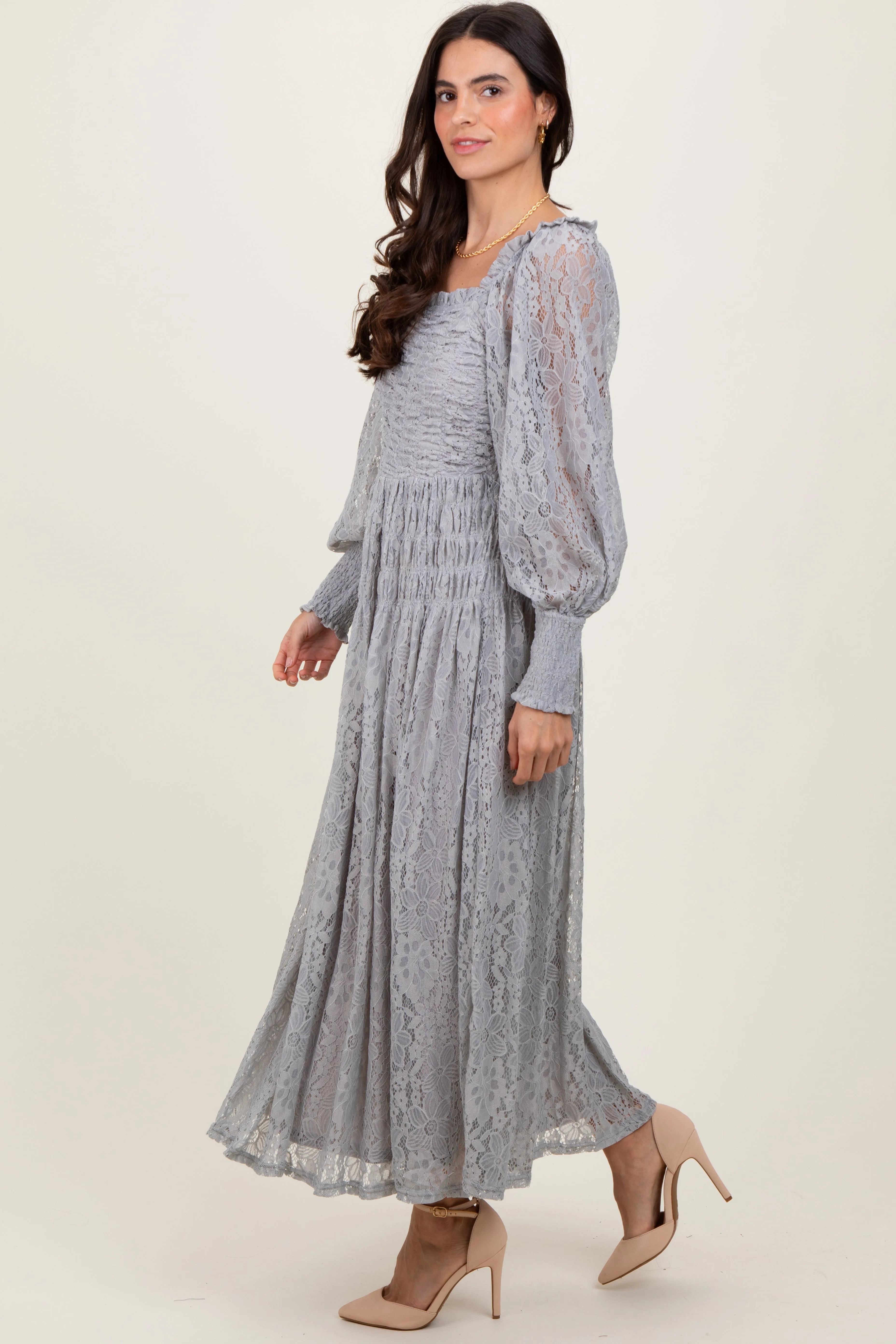 Heather Grey Lace Smocked Bubble Sleeve Maxi Dress sold by Pinkblush