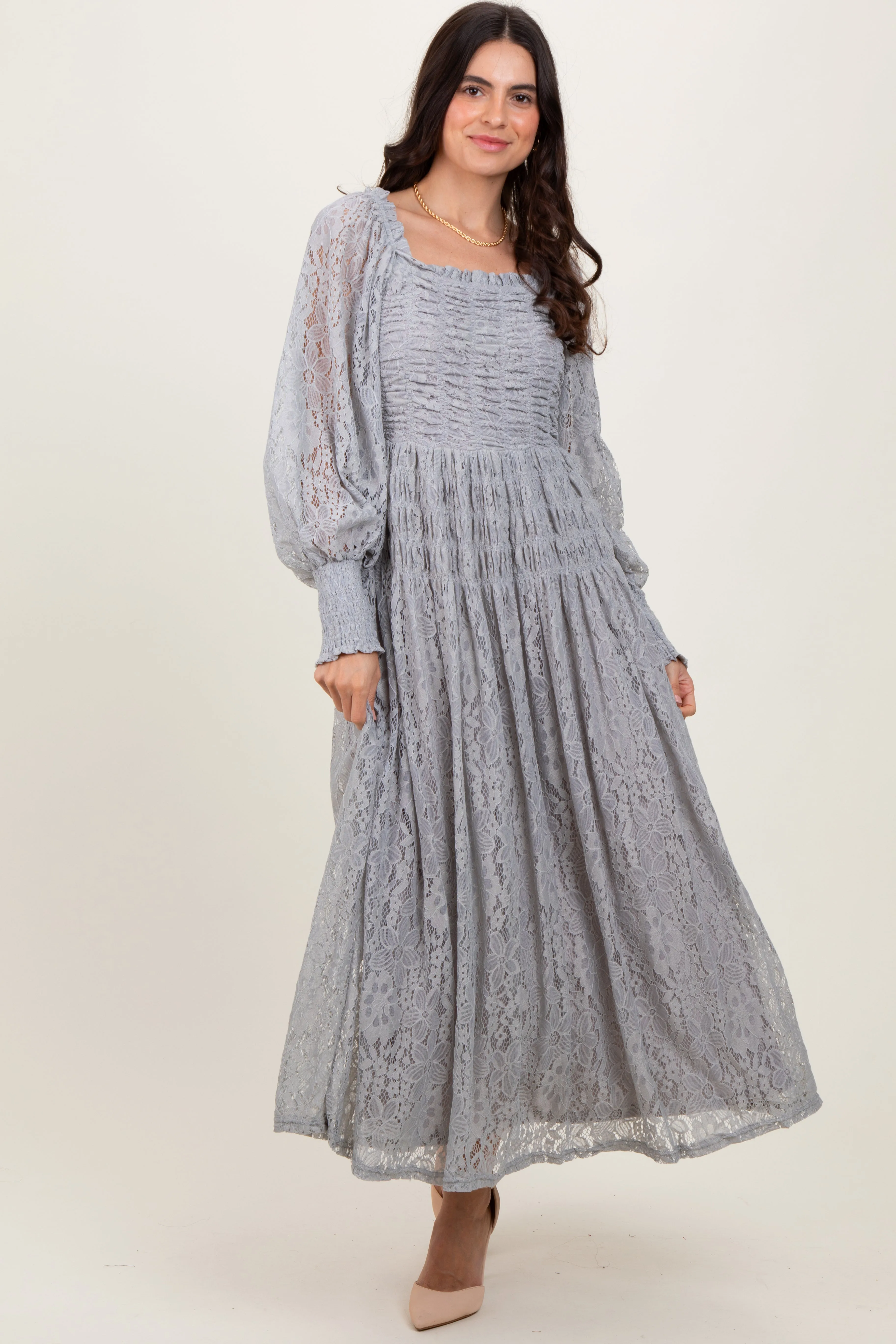Heather Grey Lace Smocked Bubble Sleeve Maxi Dress sold by Pinkblush product image thumbnail 2