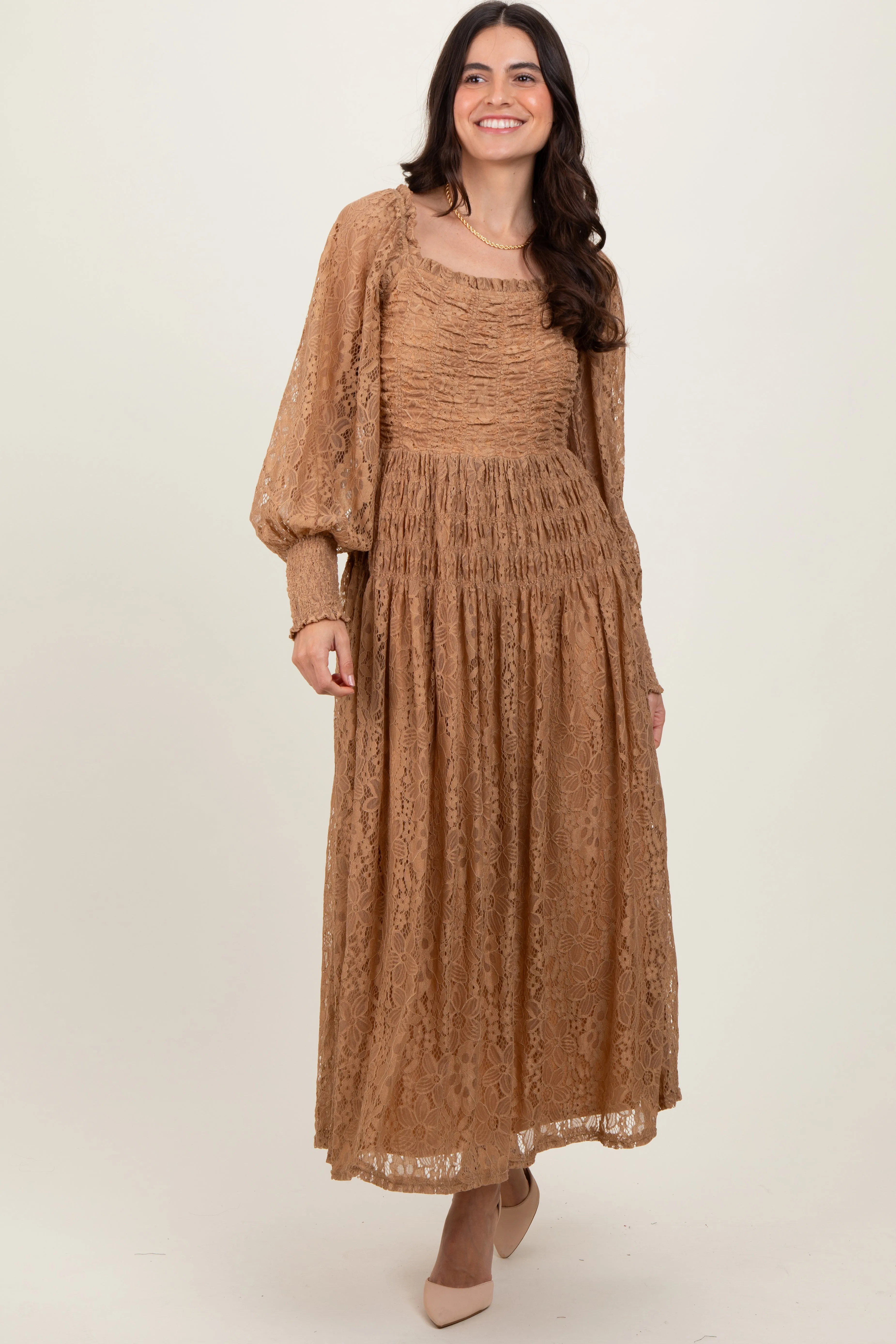 Camel Lace Smocked Bubble Sleeve Maxi Dress sold by Pinkblush