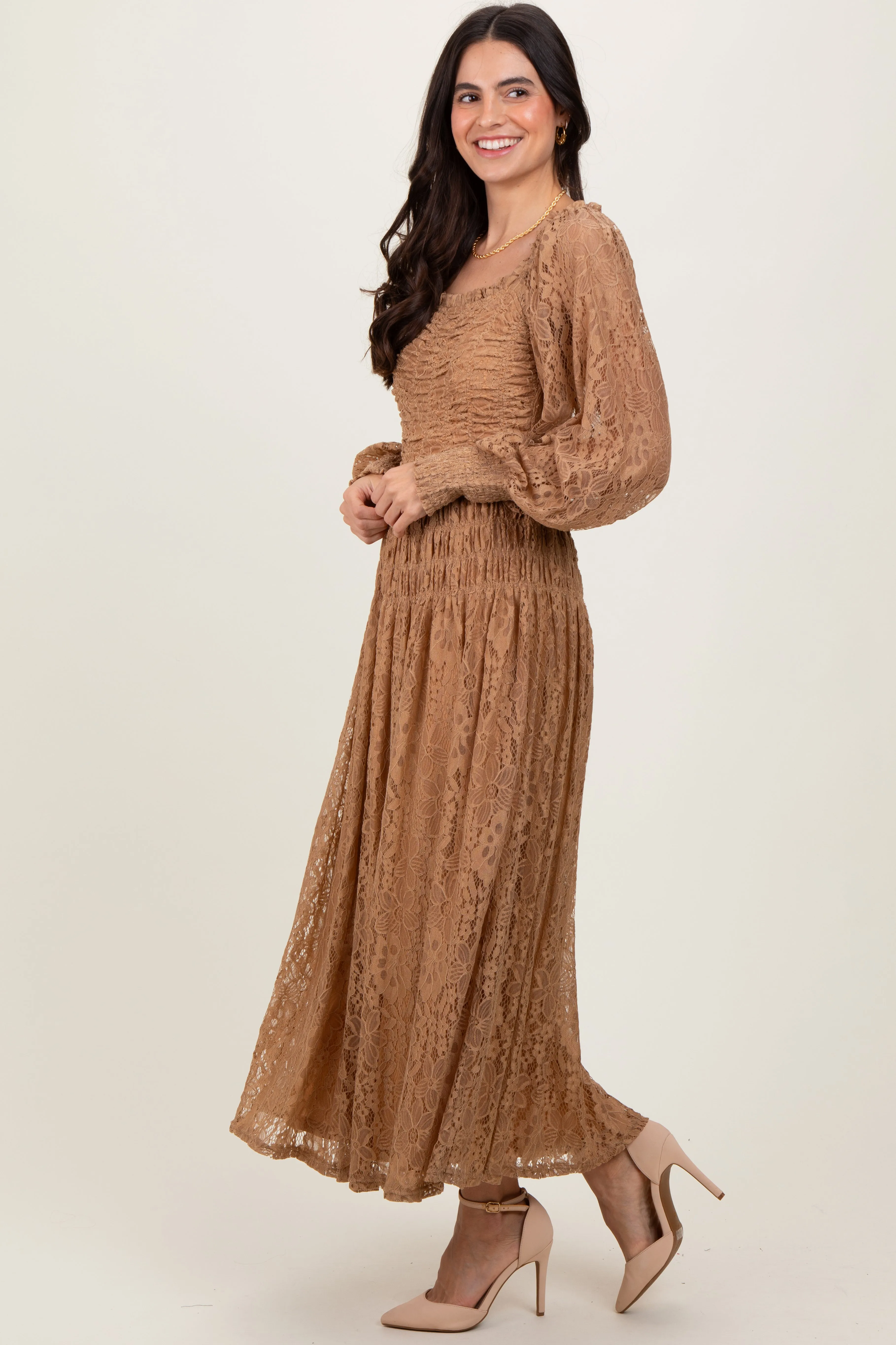 Camel Lace Smocked Bubble Sleeve Maxi Dress sold by Pinkblush product image thumbnail 2