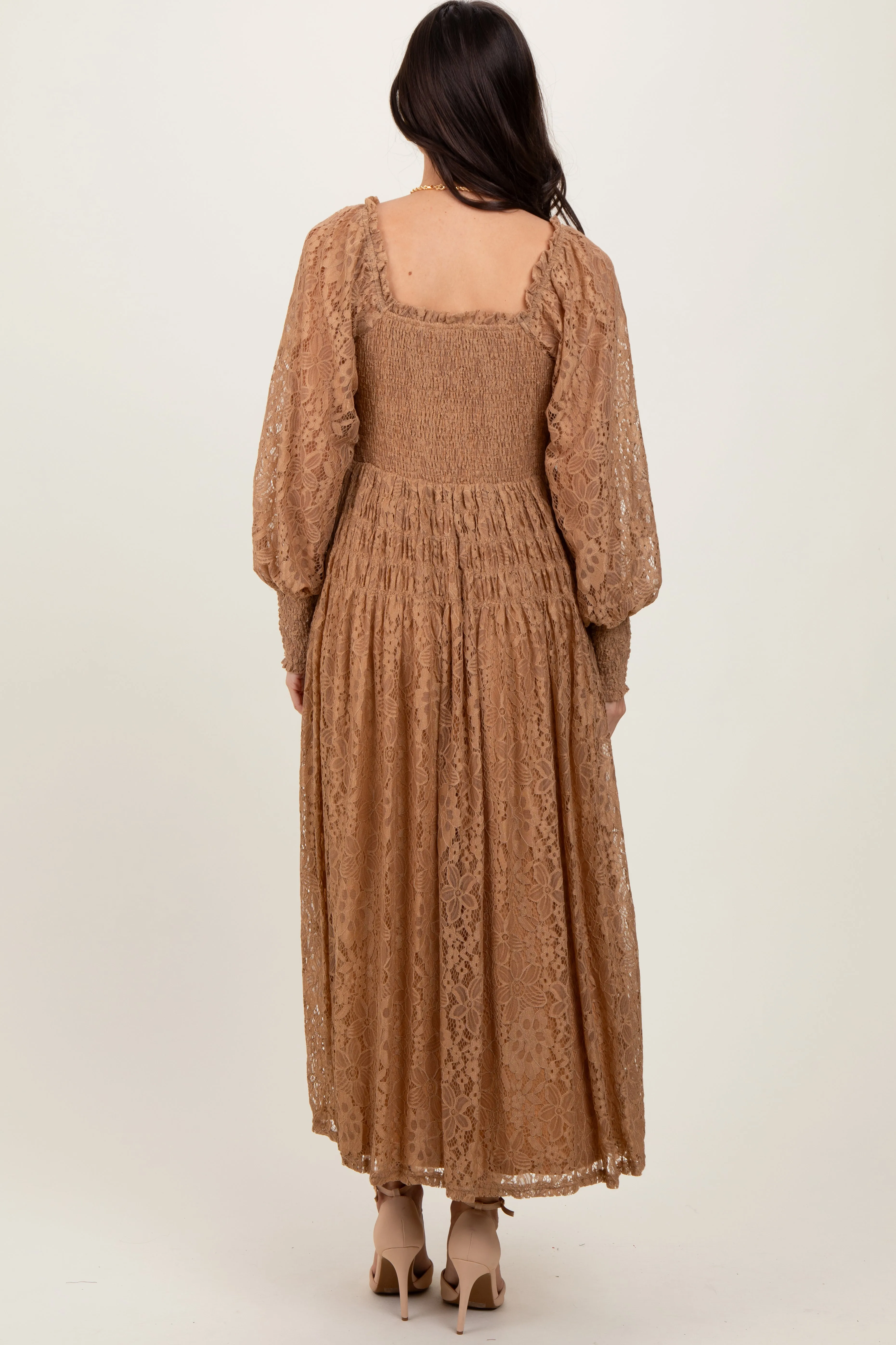 Camel Lace Smocked Bubble Sleeve Maxi Dress sold by Pinkblush product image thumbnail 3