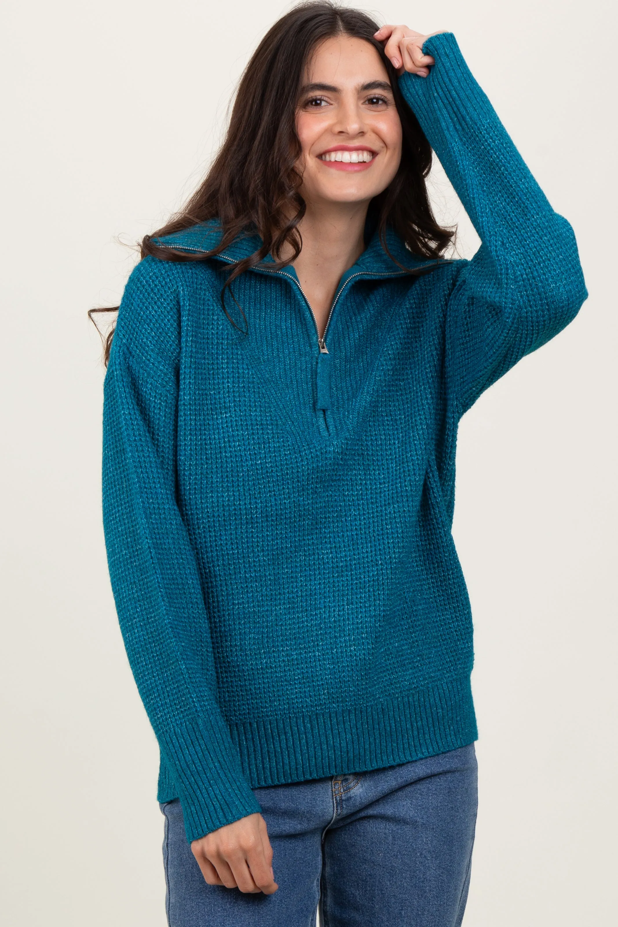 Deep Teal Half Zip Pullover Sweater sold by Pinkblush