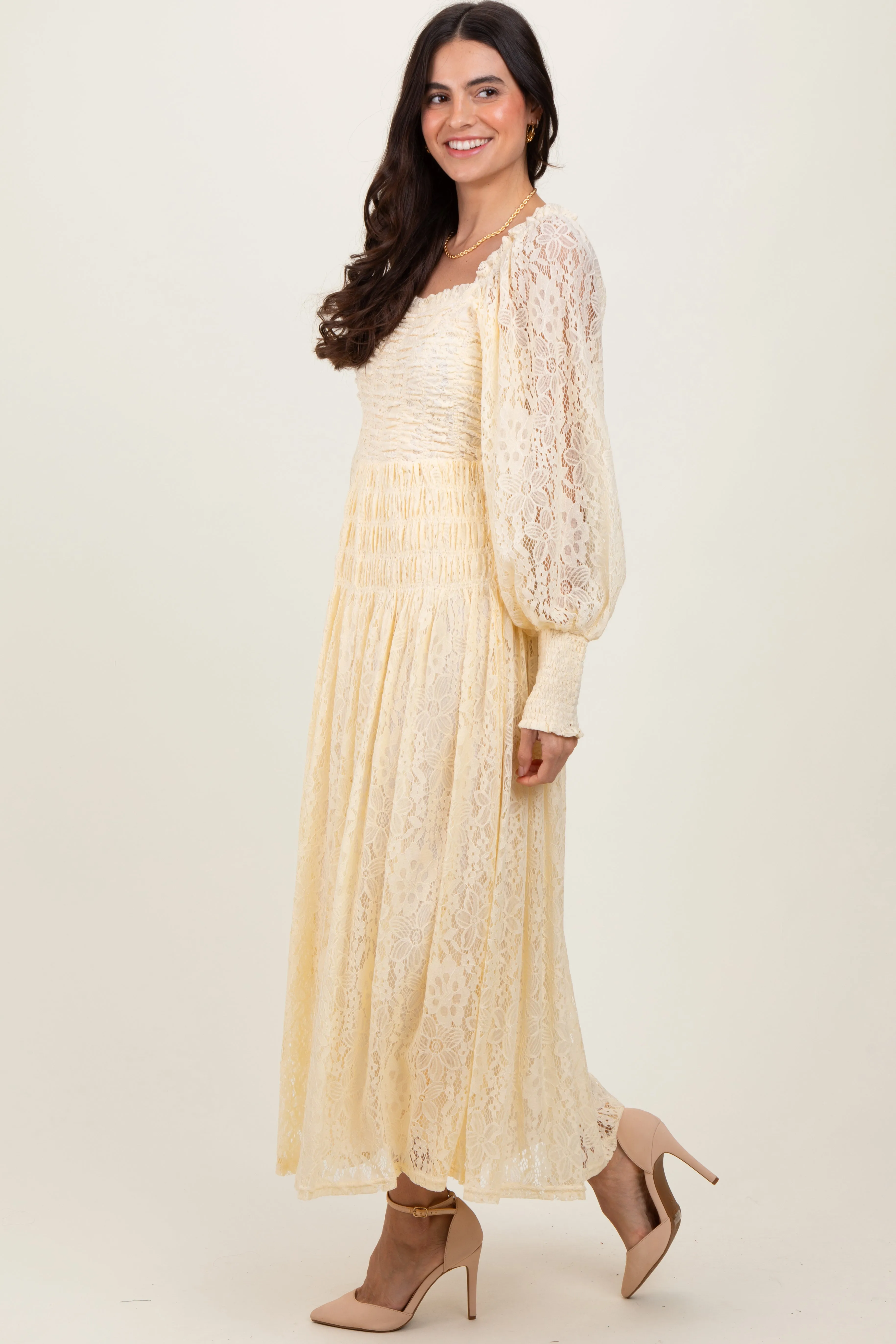 Cream Lace Smocked Bubble Sleeve Maxi Dress sold by Pinkblush product image thumbnail 2