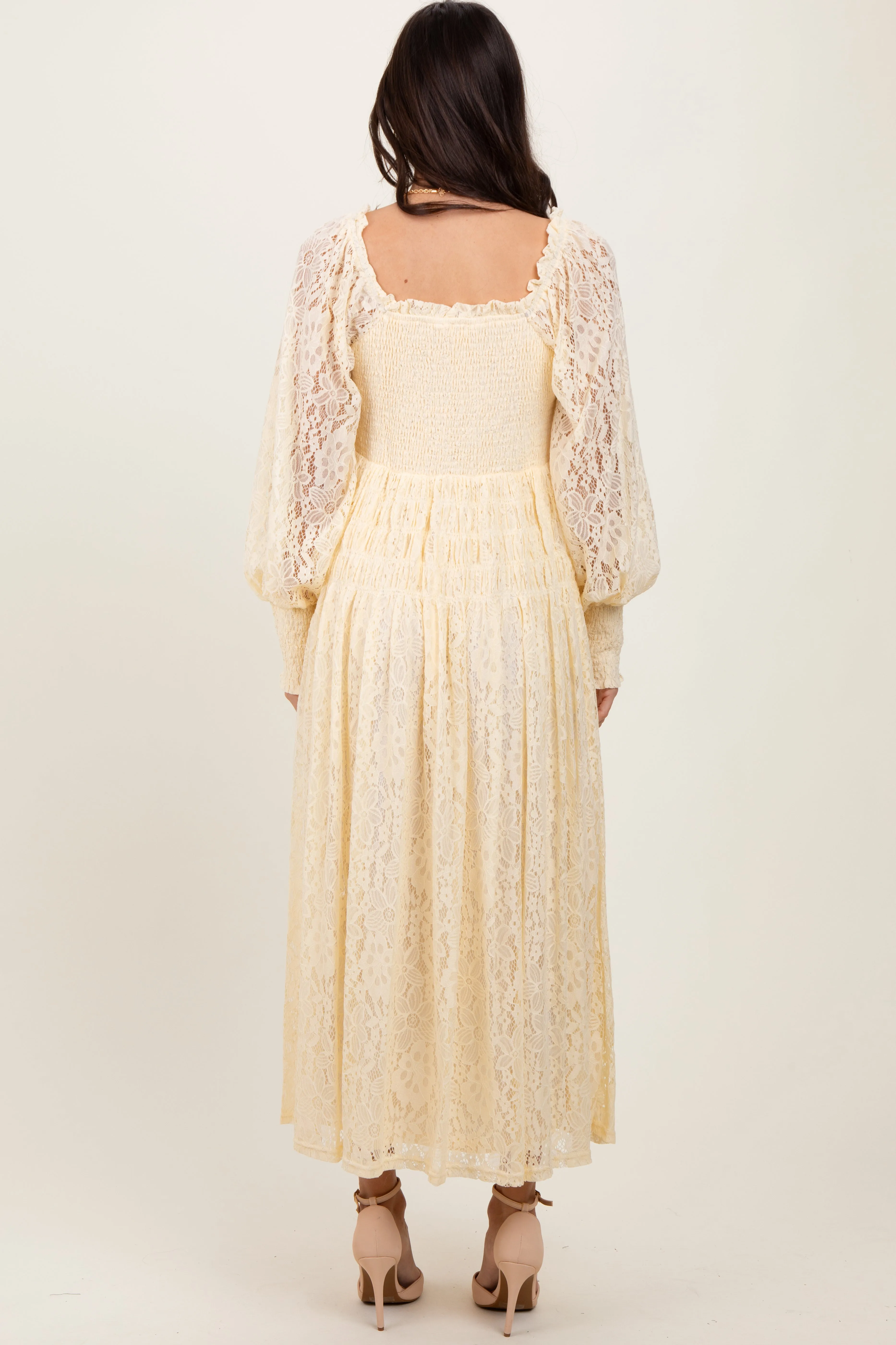 Cream Lace Smocked Bubble Sleeve Maxi Dress sold by Pinkblush product image thumbnail 3