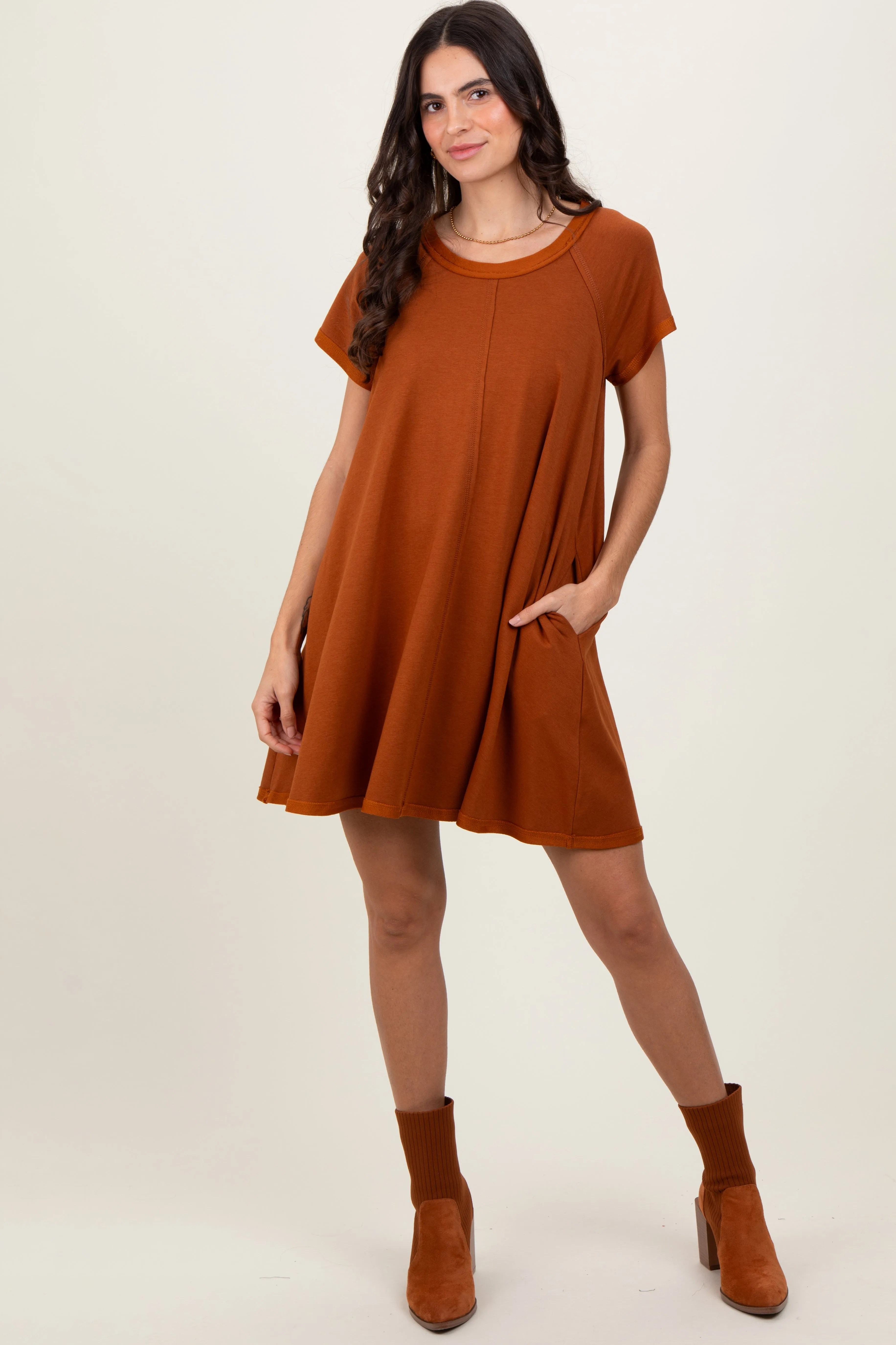 Rust French Terry Basic Short Sleeve Mini Dress sold by Pinkblush
